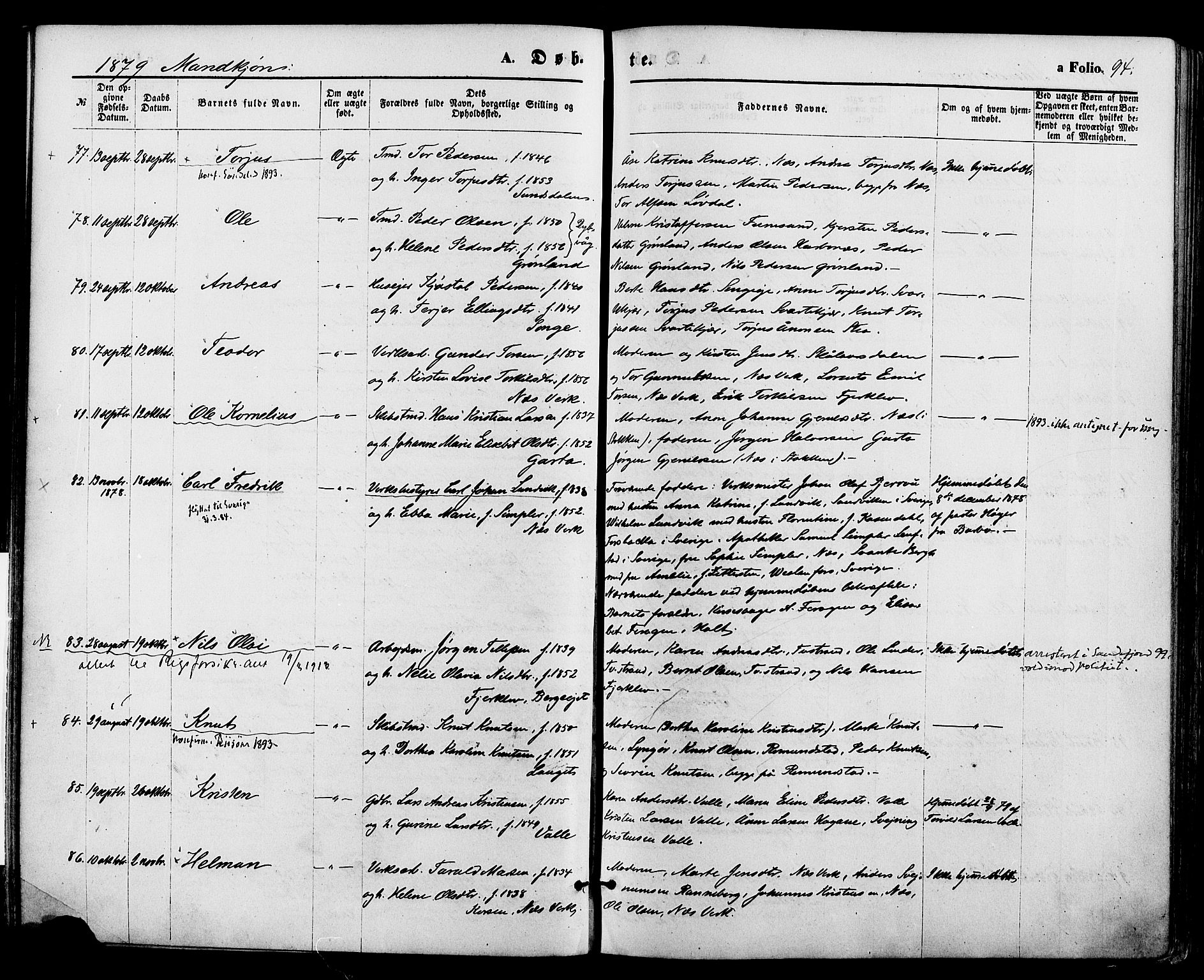 Holt sokneprestkontor, SAK/1111-0021/F/Fa/L0010: Parish register (official) no. A 10, 1872-1885, p. 94