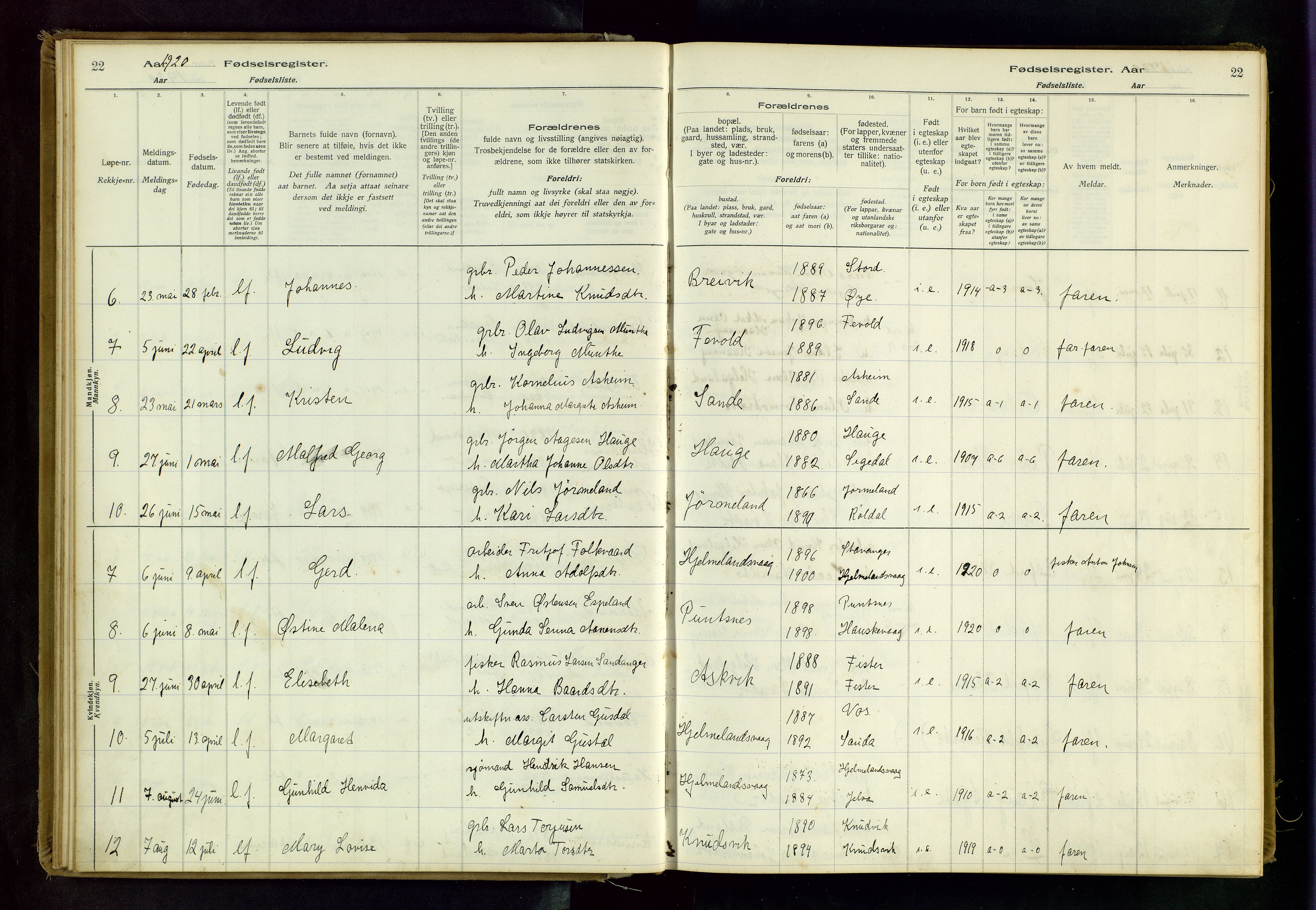 Hjelmeland sokneprestkontor, AV/SAST-A-101843/02/B/L0001: Birth register no. 1, 1916-1963, p. 22