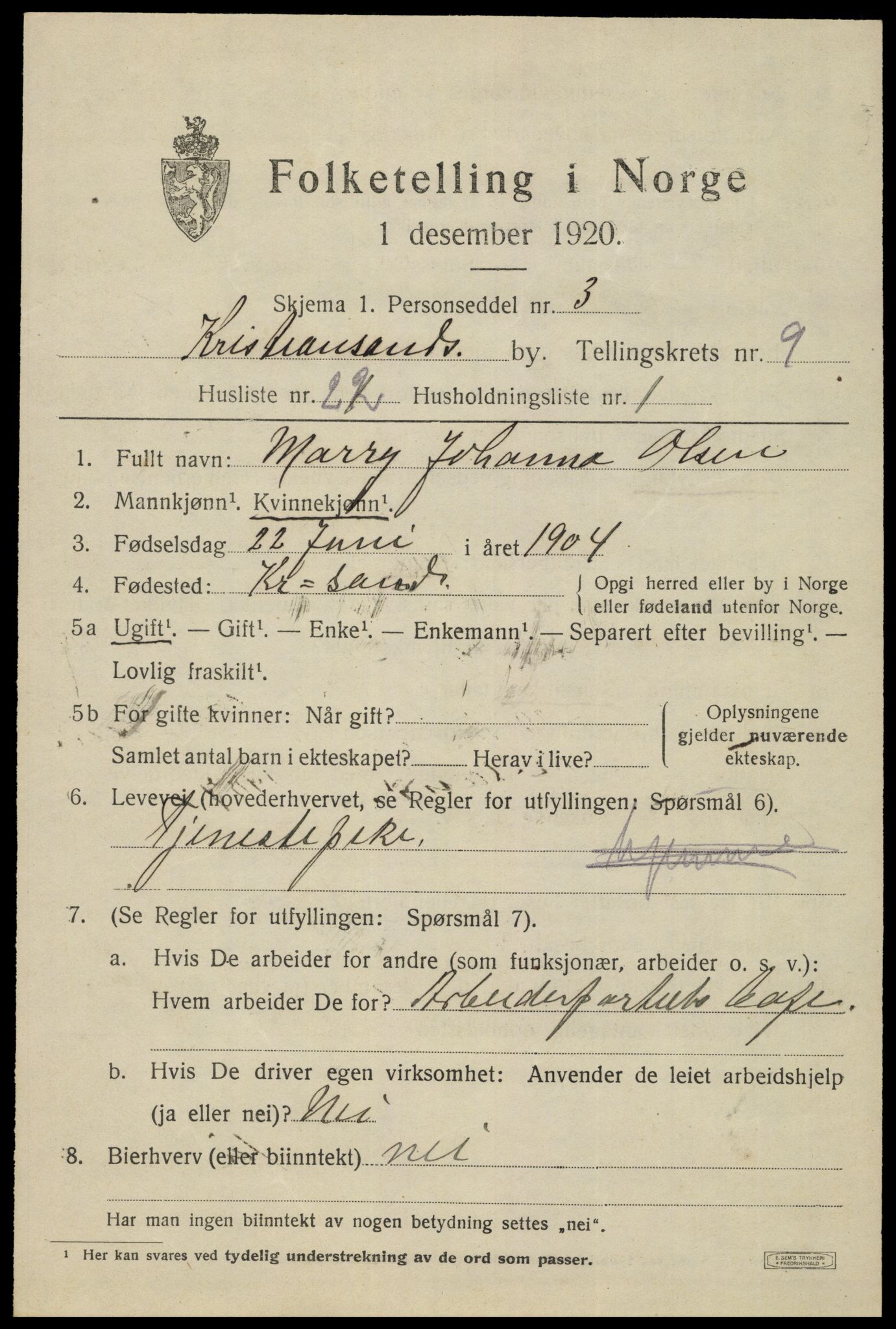 SAK, 1920 census for Kristiansand, 1920, p. 22905