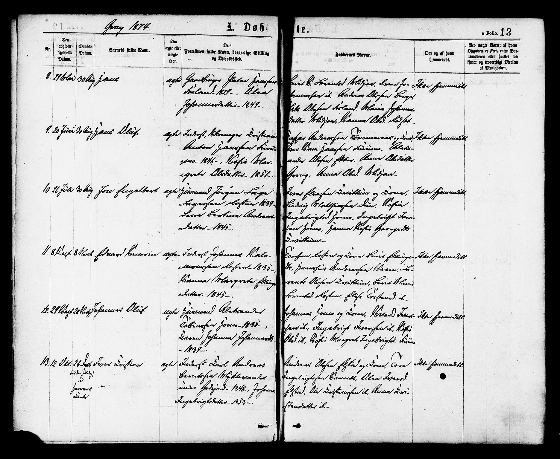 Ministerialprotokoller, klokkerbøker og fødselsregistre - Nord-Trøndelag, SAT/A-1458/758/L0516: Parish register (official) no. 758A03 /1, 1869-1879, p. 13