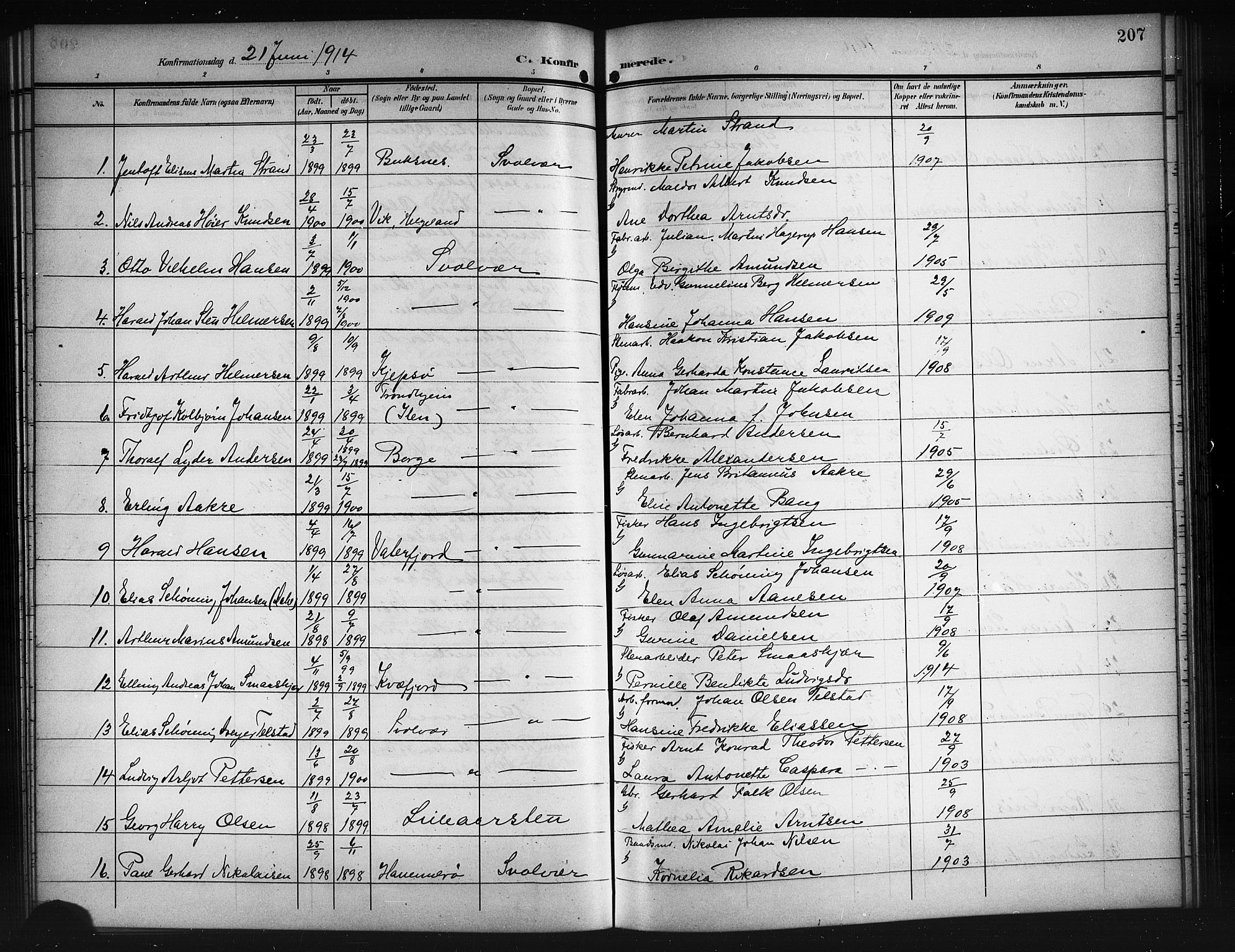 Ministerialprotokoller, klokkerbøker og fødselsregistre - Nordland, AV/SAT-A-1459/874/L1079: Parish register (copy) no. 874C08, 1907-1915, p. 207