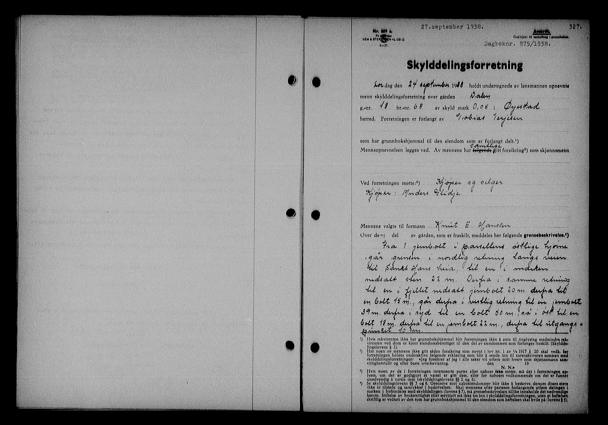 Nedenes sorenskriveri, SAK/1221-0006/G/Gb/Gba/L0045: Mortgage book no. 41, 1938-1938, Diary no: : 975/1938