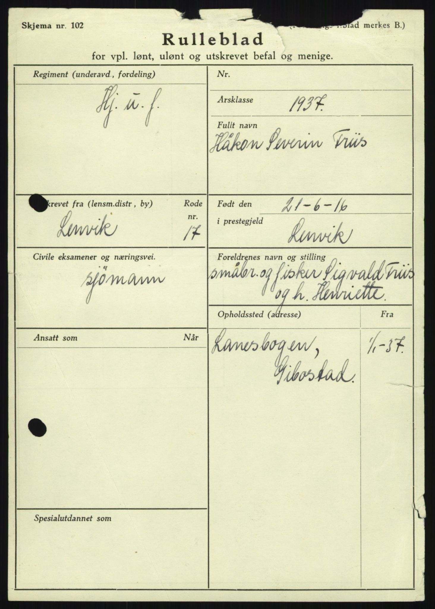 Forsvaret, Troms infanteriregiment nr. 16, AV/RA-RAFA-3146/P/Pa/L0021: Rulleblad for regimentets menige mannskaper, årsklasse 1937, 1937, p. 189