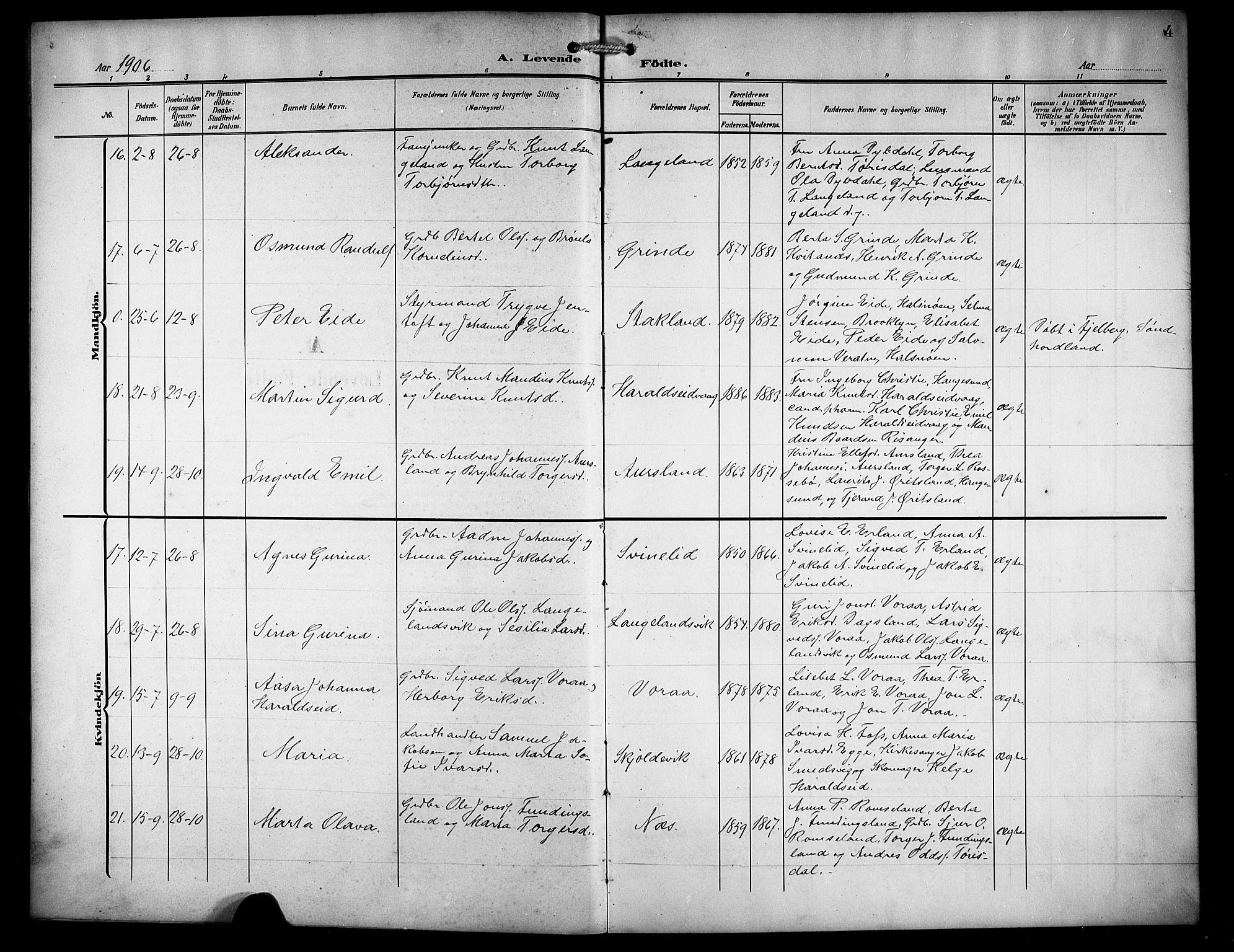 Skjold sokneprestkontor, SAST/A-101847/H/Ha/Hab/L0008: Parish register (copy) no. B 8, 1906-1920, p. 4