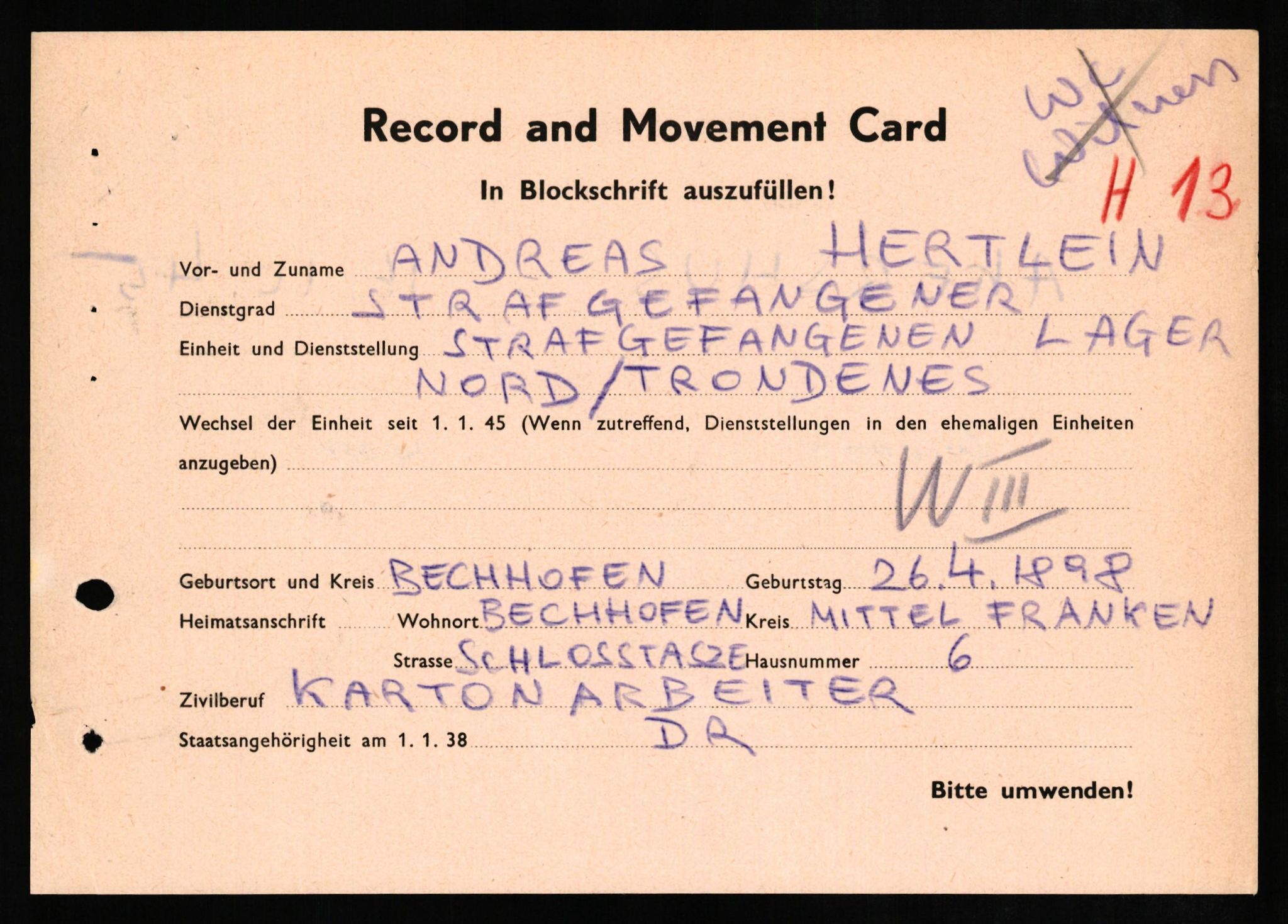 Forsvaret, Forsvarets overkommando II, AV/RA-RAFA-3915/D/Db/L0013: CI Questionaires. Tyske okkupasjonsstyrker i Norge. Tyskere., 1945-1946, p. 85