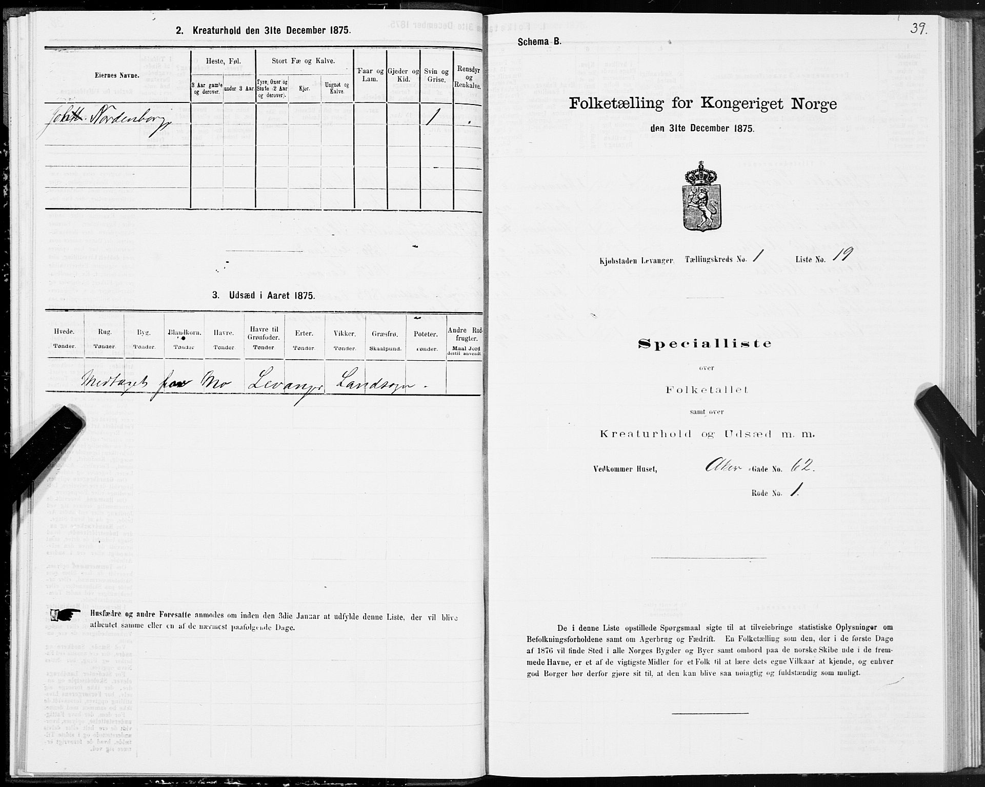 SAT, 1875 census for 1701B Levanger/Levanger, 1875, p. 39