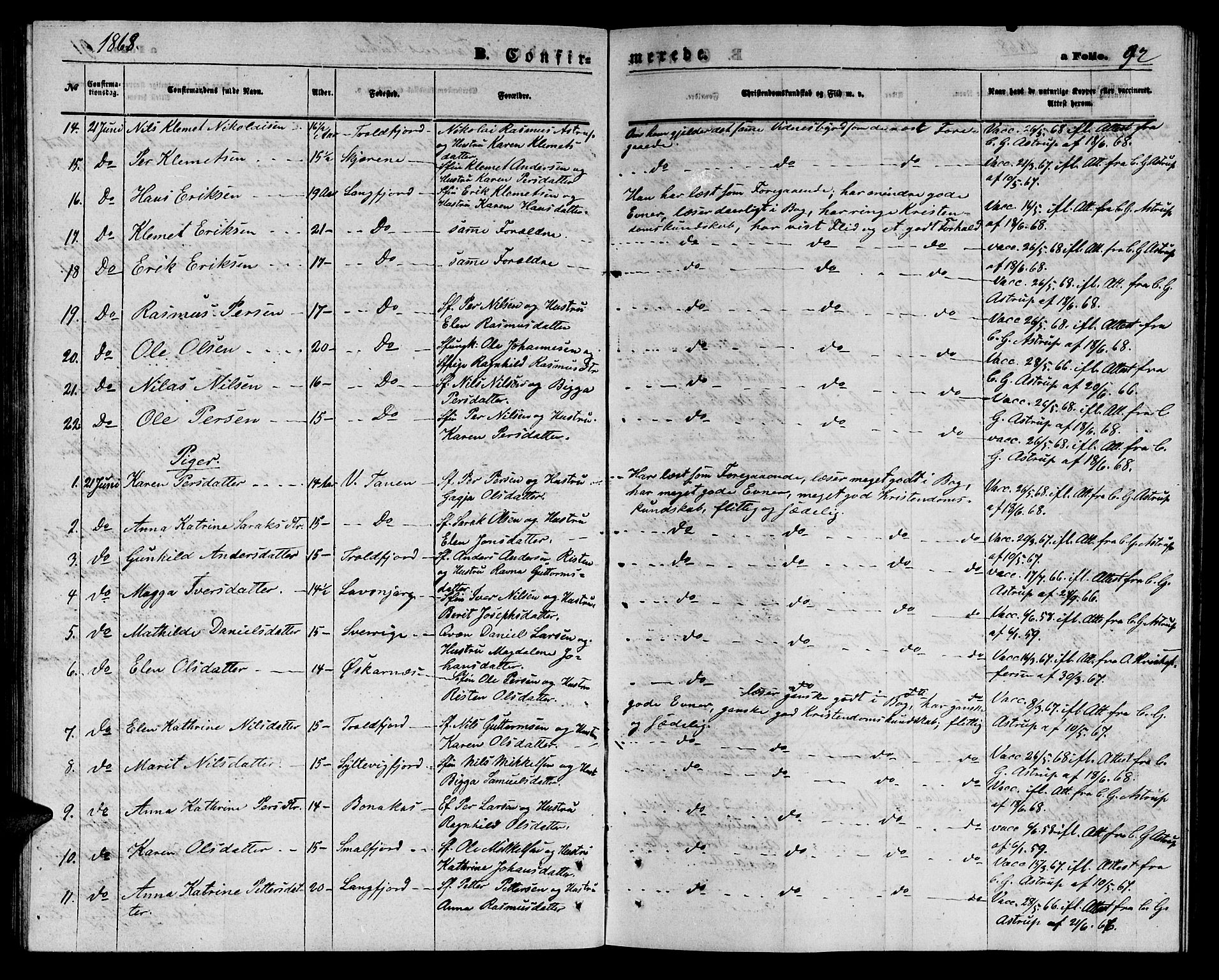 Tana sokneprestkontor, SATØ/S-1334/H/Hb/L0002klokker: Parish register (copy) no. 2 /1, 1866-1877, p. 92