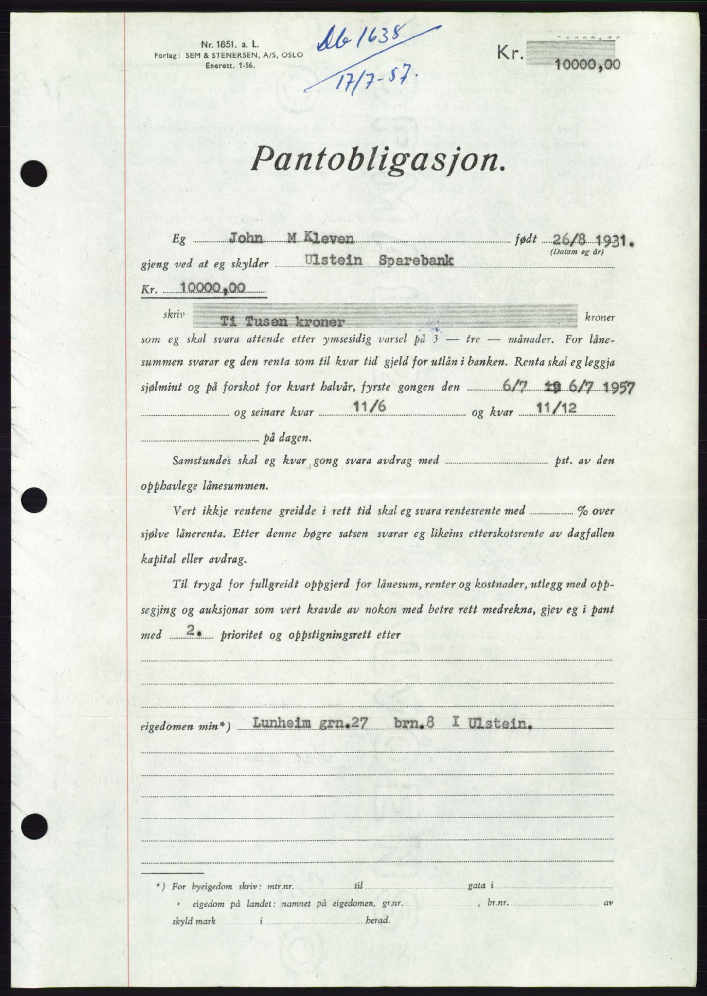 Søre Sunnmøre sorenskriveri, AV/SAT-A-4122/1/2/2C/L0130: Mortgage book no. 18B, 1957-1958, Diary no: : 1638/1957