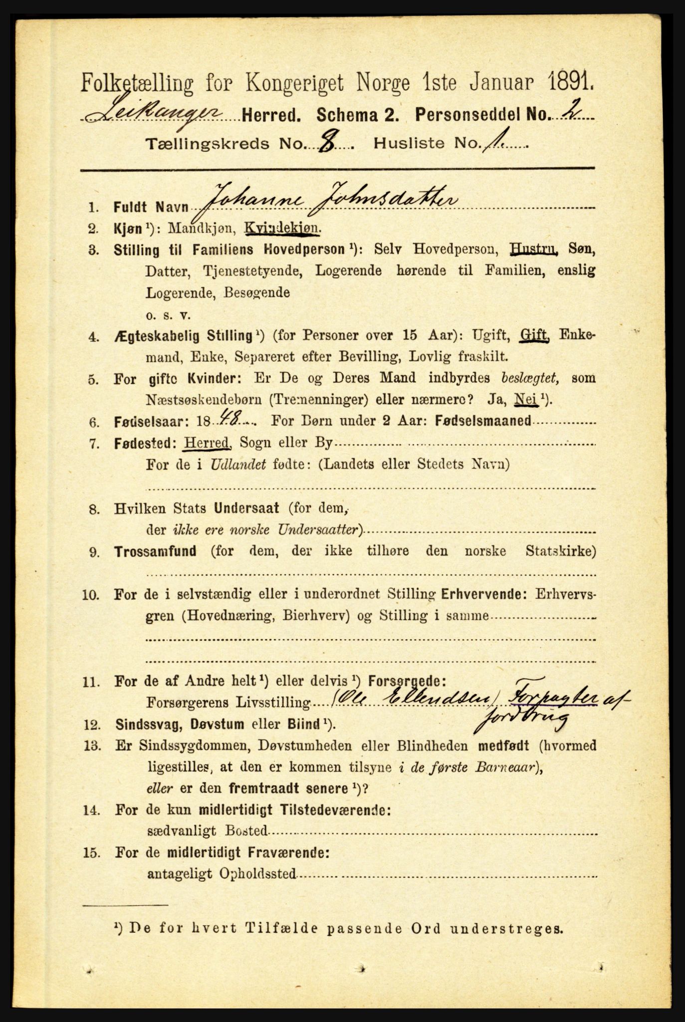 RA, 1891 census for 1419 Leikanger, 1891, p. 1582