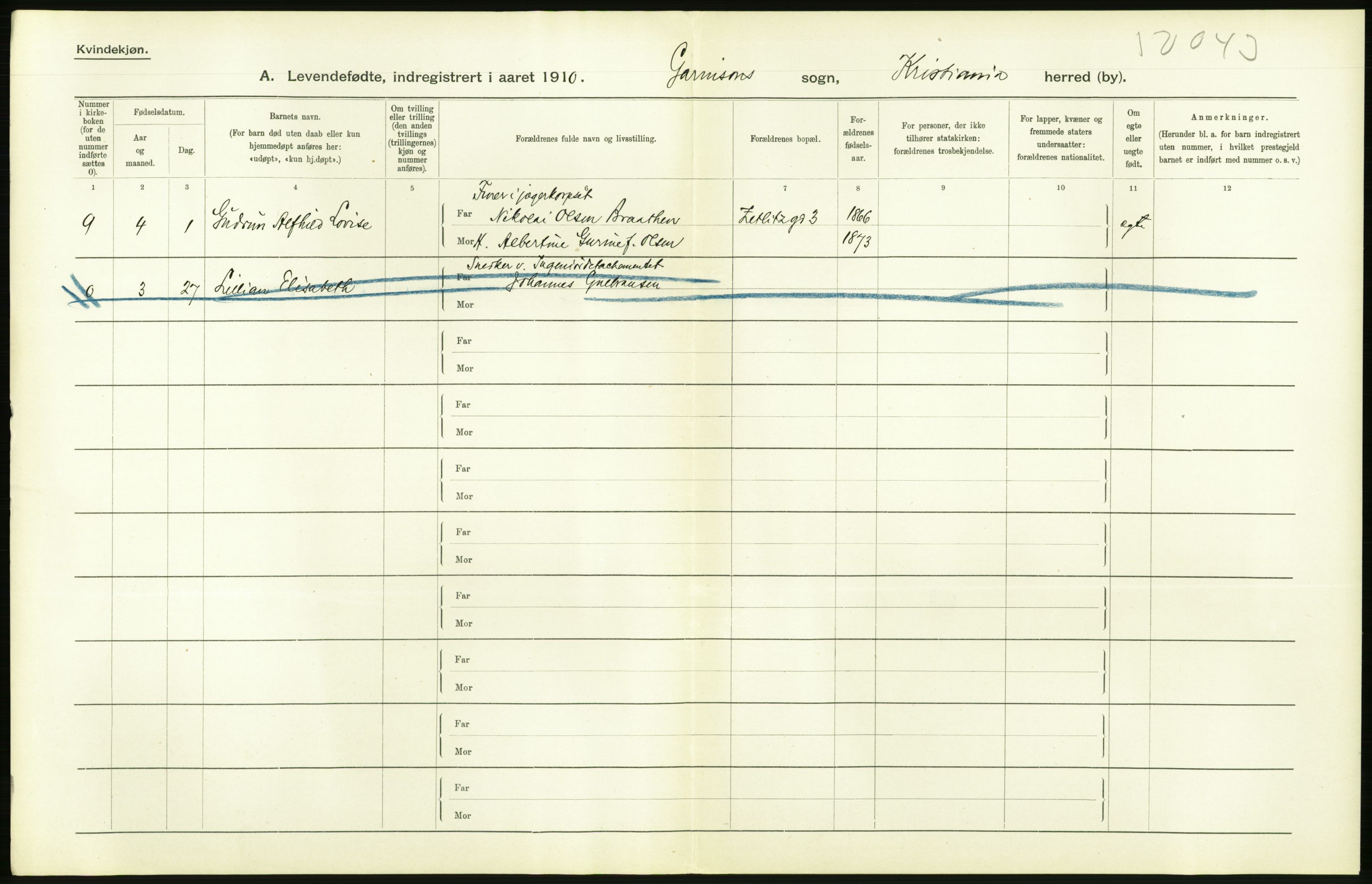 Statistisk sentralbyrå, Sosiodemografiske emner, Befolkning, RA/S-2228/D/Df/Dfa/Dfah/L0007: Kristiania: Levendefødte kvinner., 1910, p. 176