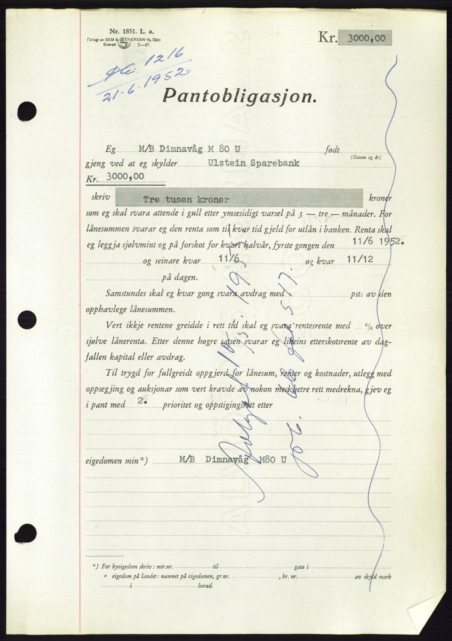 Søre Sunnmøre sorenskriveri, AV/SAT-A-4122/1/2/2C/L0121: Mortgage book no. 9B, 1951-1952, Diary no: : 1216/1952