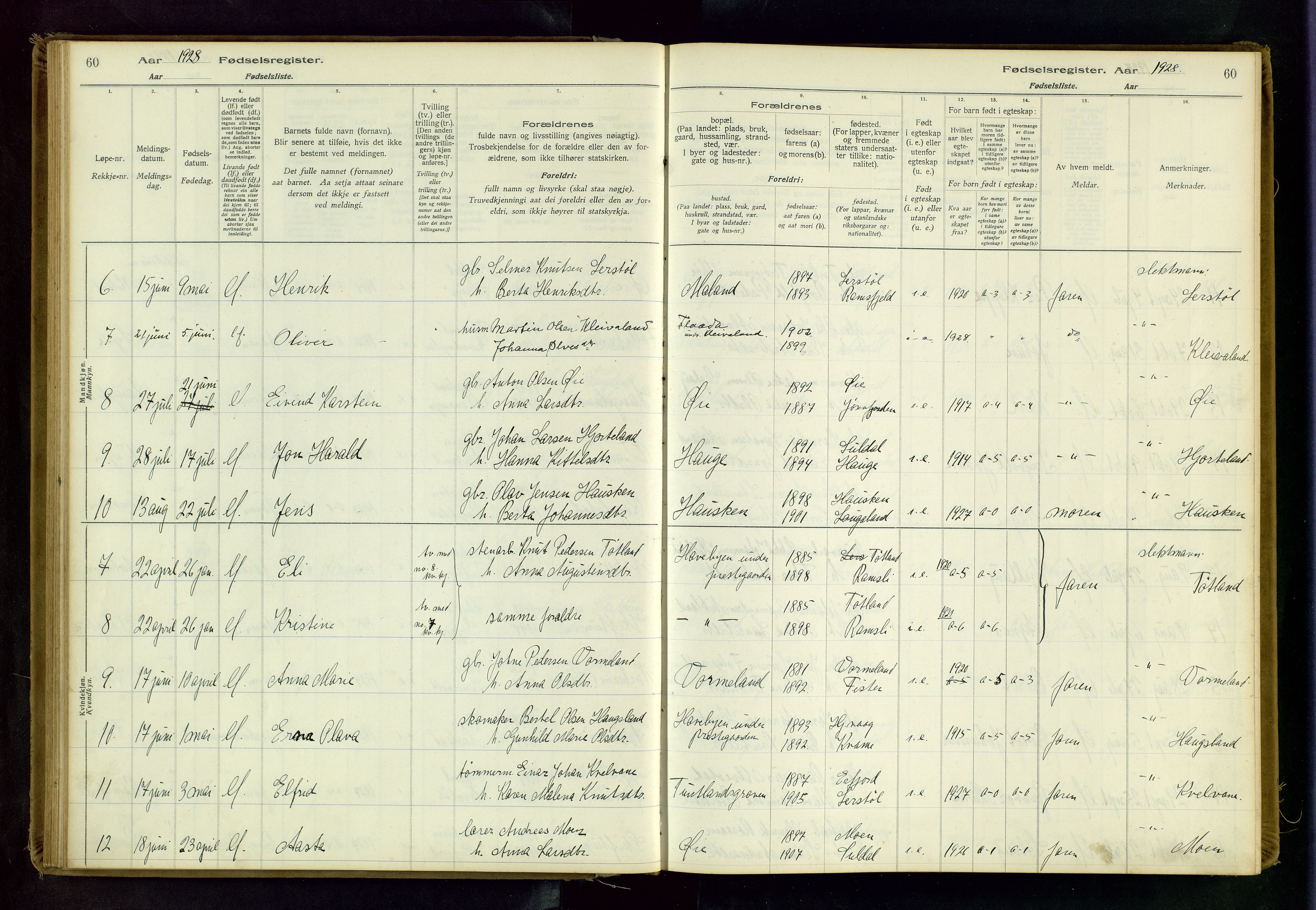 Hjelmeland sokneprestkontor, AV/SAST-A-101843/02/B/L0001: Birth register no. 1, 1916-1963, p. 60