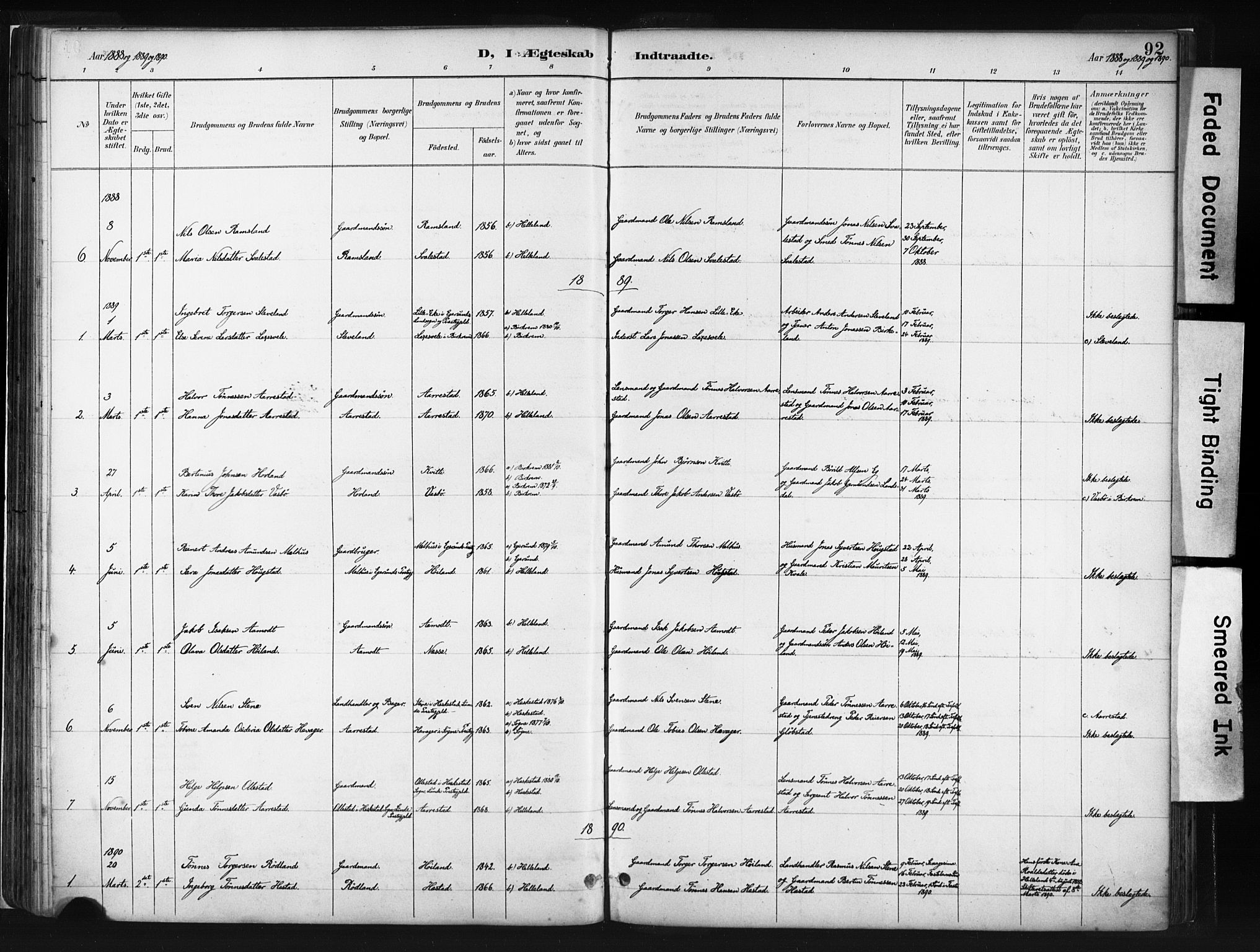 Helleland sokneprestkontor, SAST/A-101810: Parish register (official) no. A 8, 1887-1907, p. 92