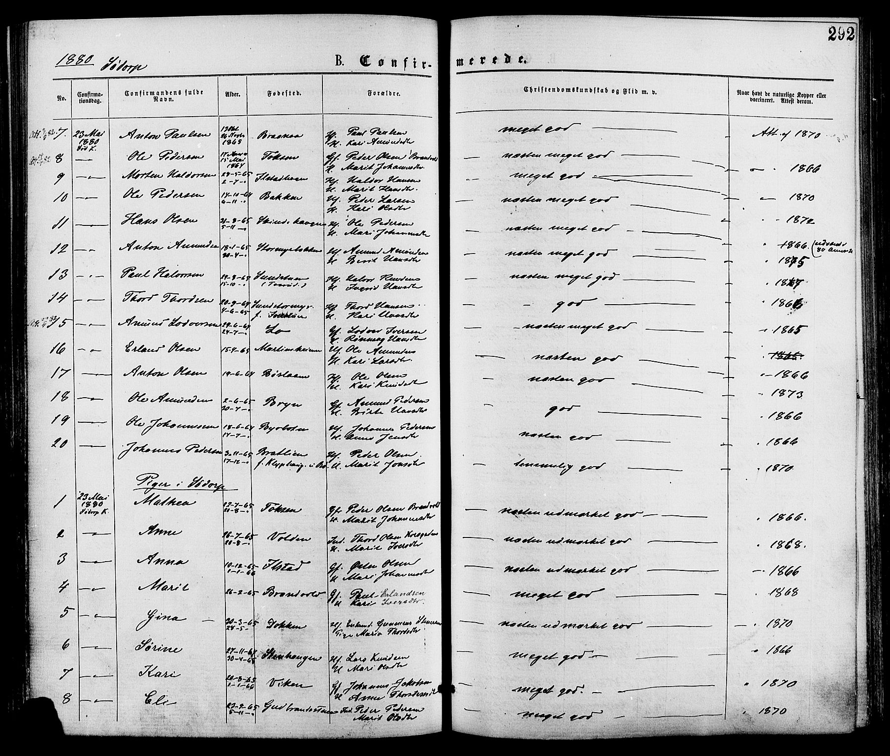 Nord-Fron prestekontor, SAH/PREST-080/H/Ha/Haa/L0002: Parish register (official) no. 2, 1865-1883, p. 292