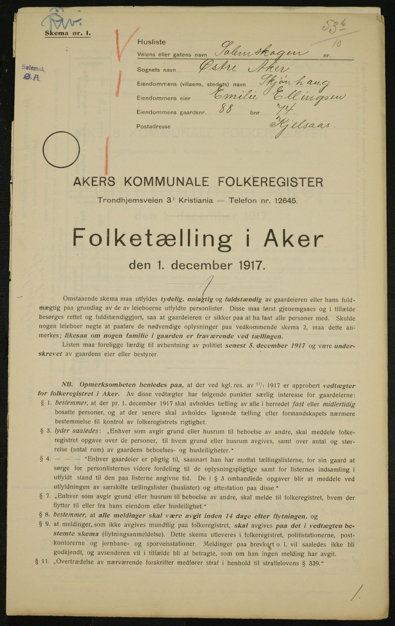 OBA, Municipal Census 1917 for Aker, 1917, p. 14158