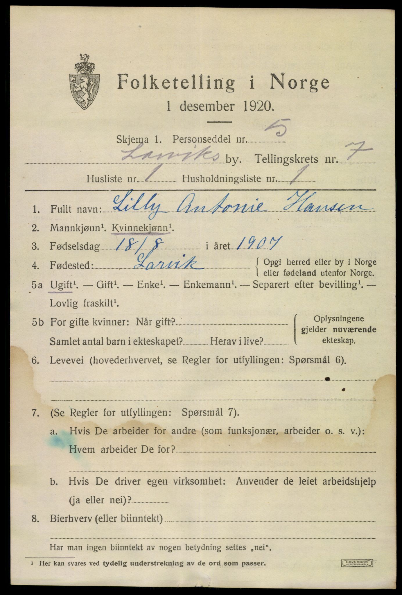 SAKO, 1920 census for Larvik, 1920, p. 20686