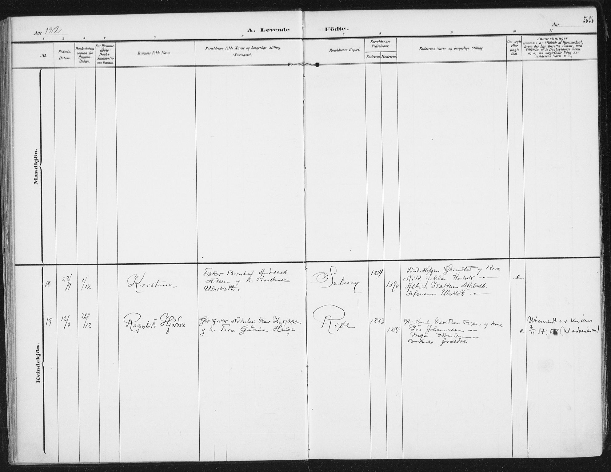 Ministerialprotokoller, klokkerbøker og fødselsregistre - Nordland, AV/SAT-A-1459/892/L1321: Parish register (official) no. 892A02, 1902-1918, p. 55