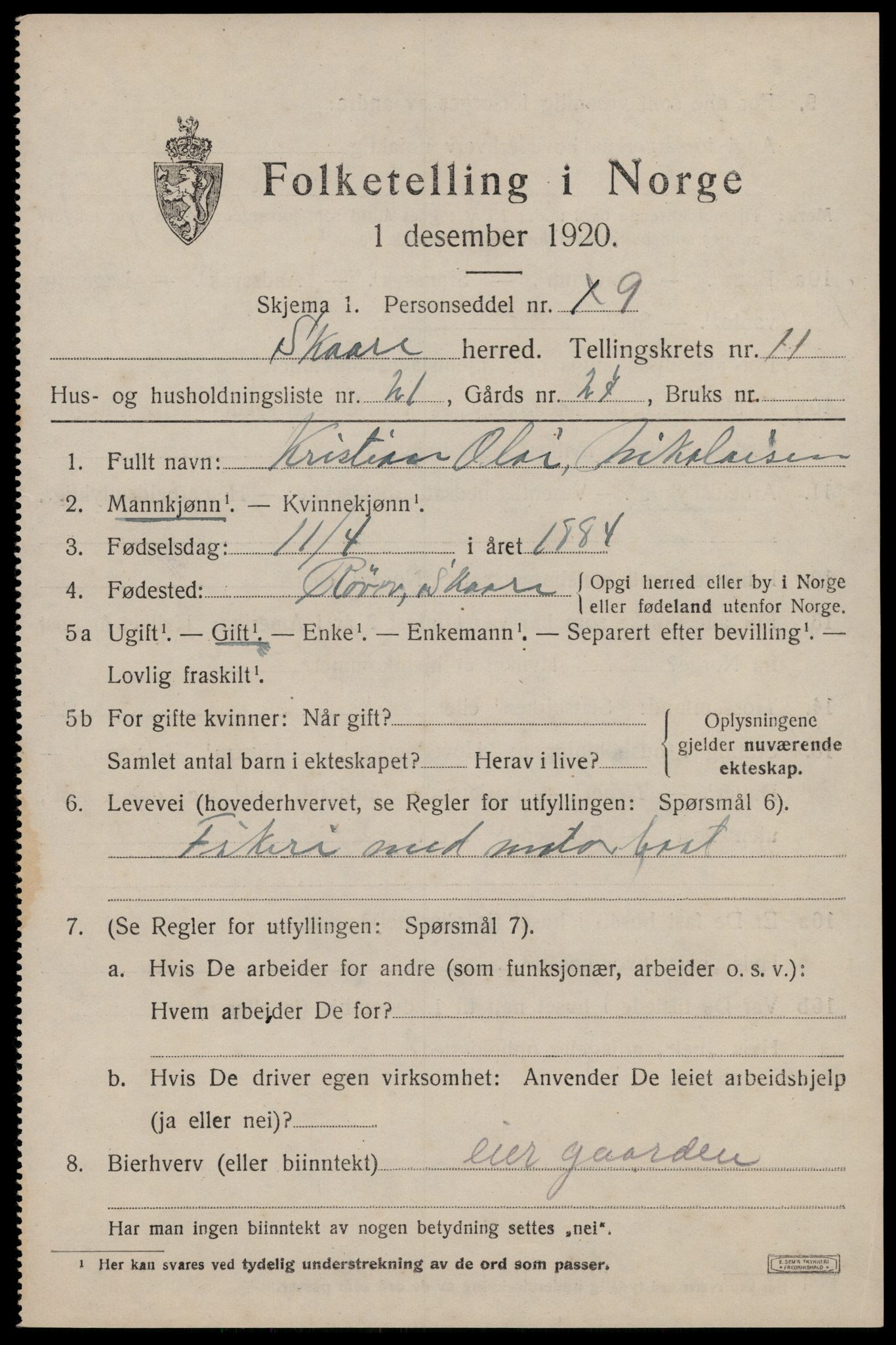 SAST, 1920 census for Skåre, 1920, p. 8480