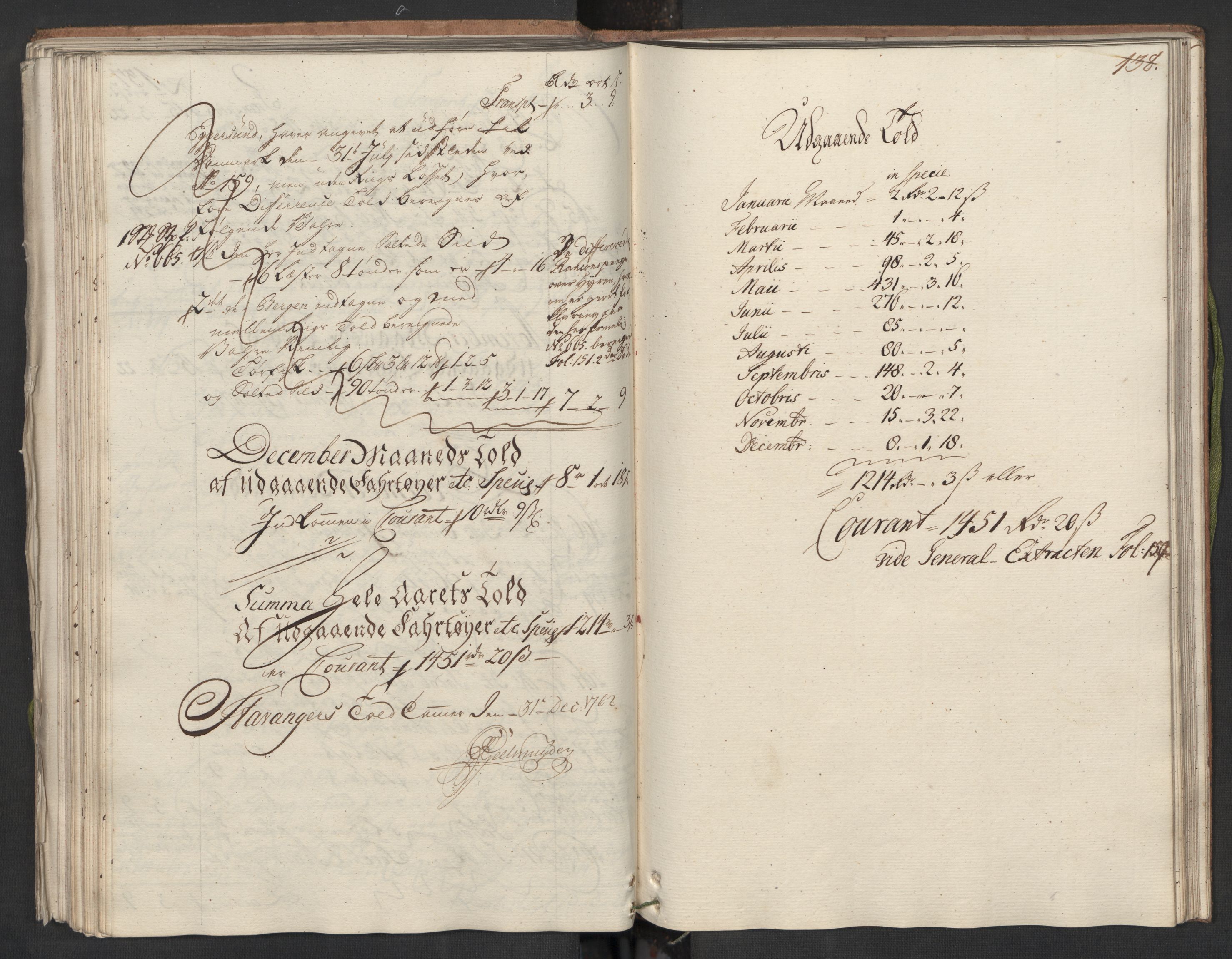 Generaltollkammeret, tollregnskaper, AV/RA-EA-5490/R22/L0024/0001: Tollregnskaper Stavanger / Hovedtollbok, 1762, p. 137b-138a