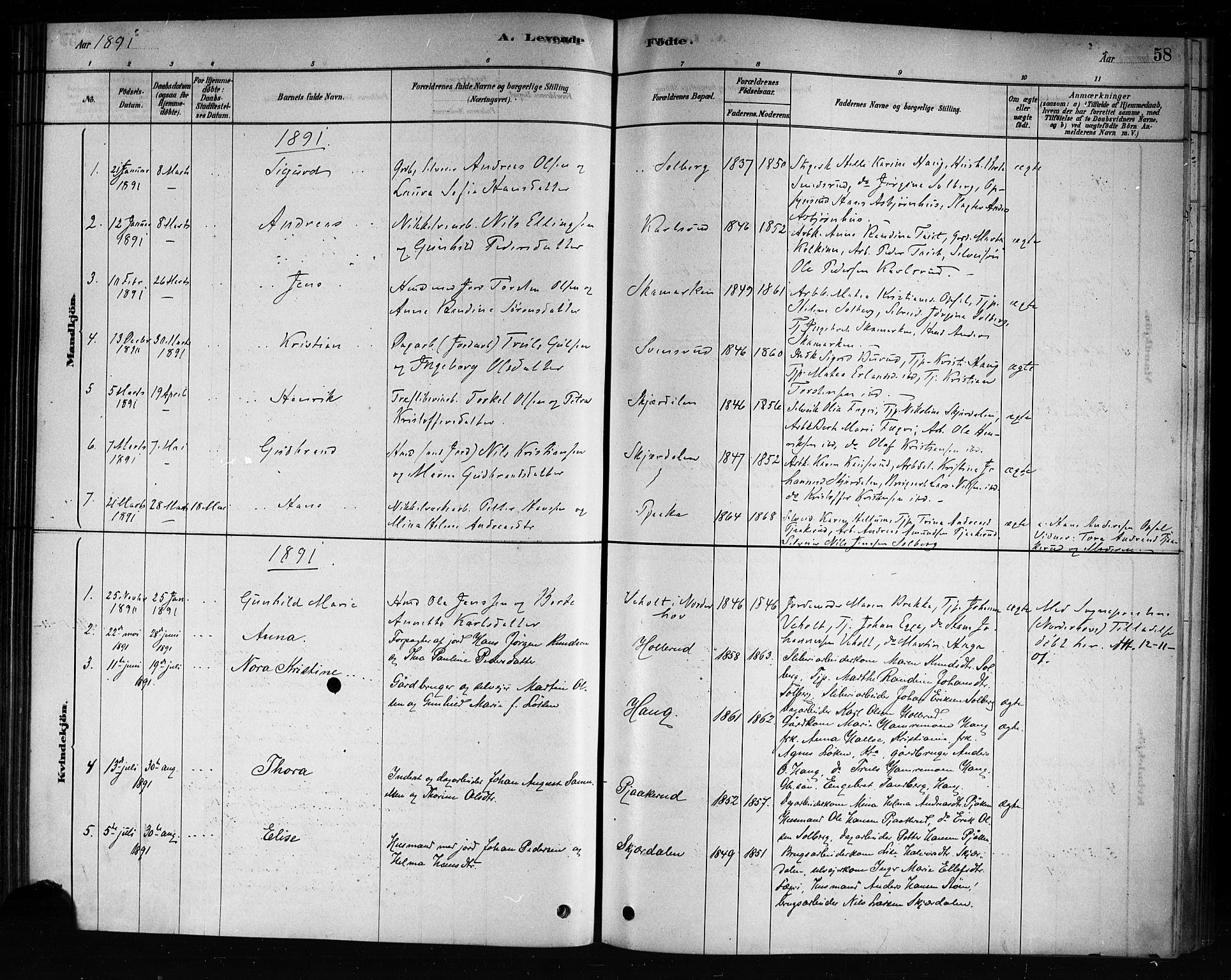 Hole kirkebøker, SAKO/A-228/F/Fb/L0001: Parish register (official) no. II 1, 1878-1891, p. 58