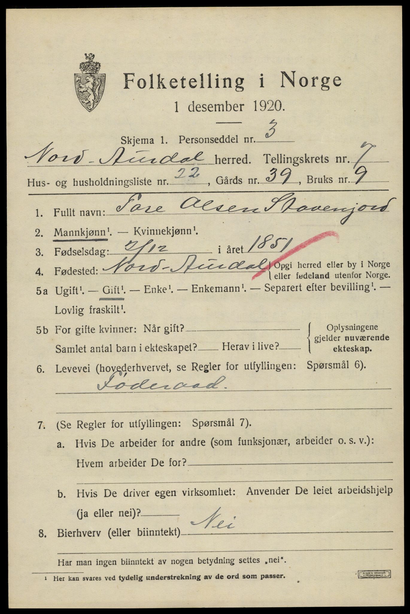 SAH, 1920 census for Nord-Aurdal, 1920, p. 6212