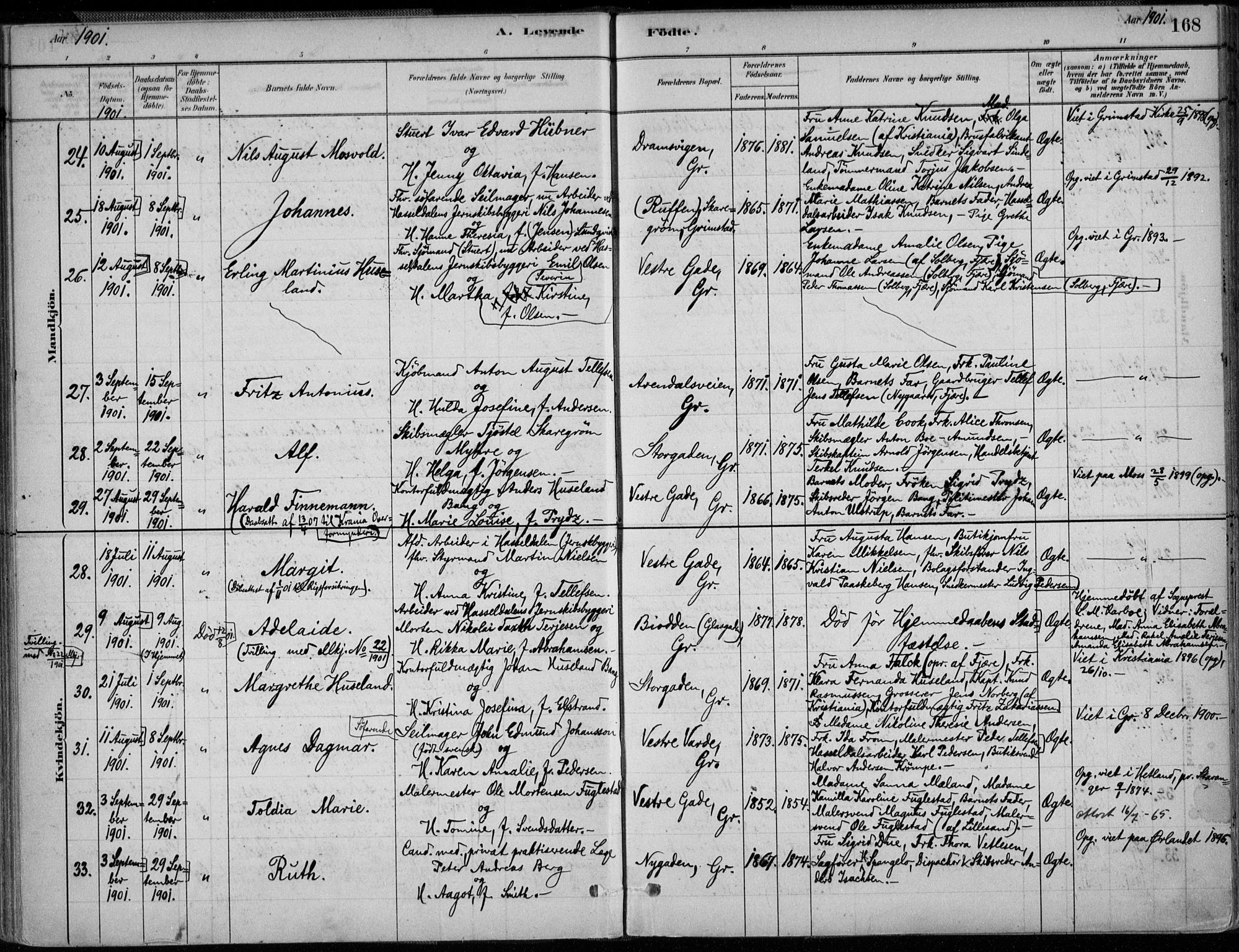 Grimstad sokneprestkontor, SAK/1111-0017/F/Fa/L0003: Parish register (official) no. A 2, 1882-1912, p. 168