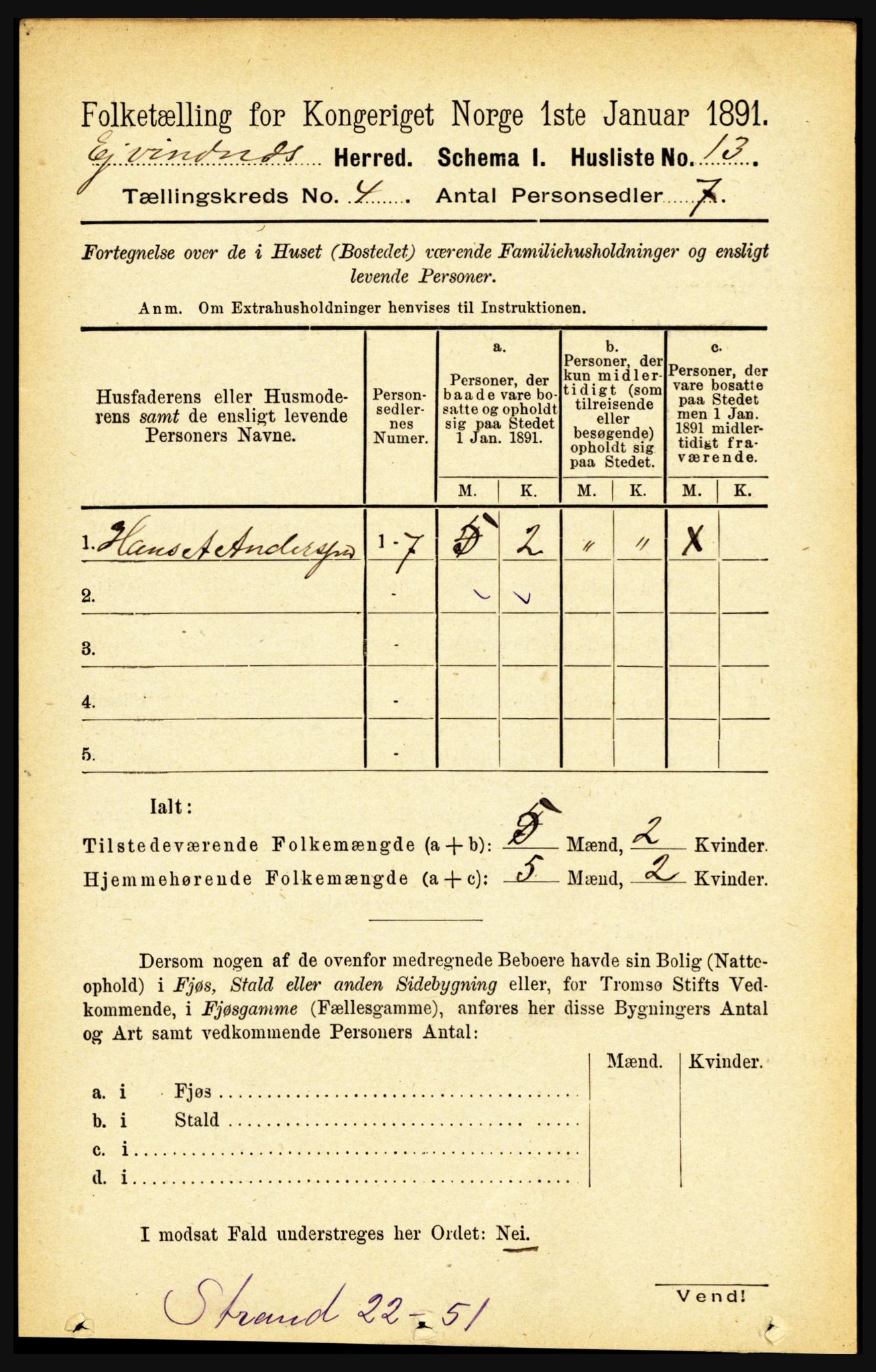 RA, 1891 census for 1853 Evenes, 1891, p. 1188