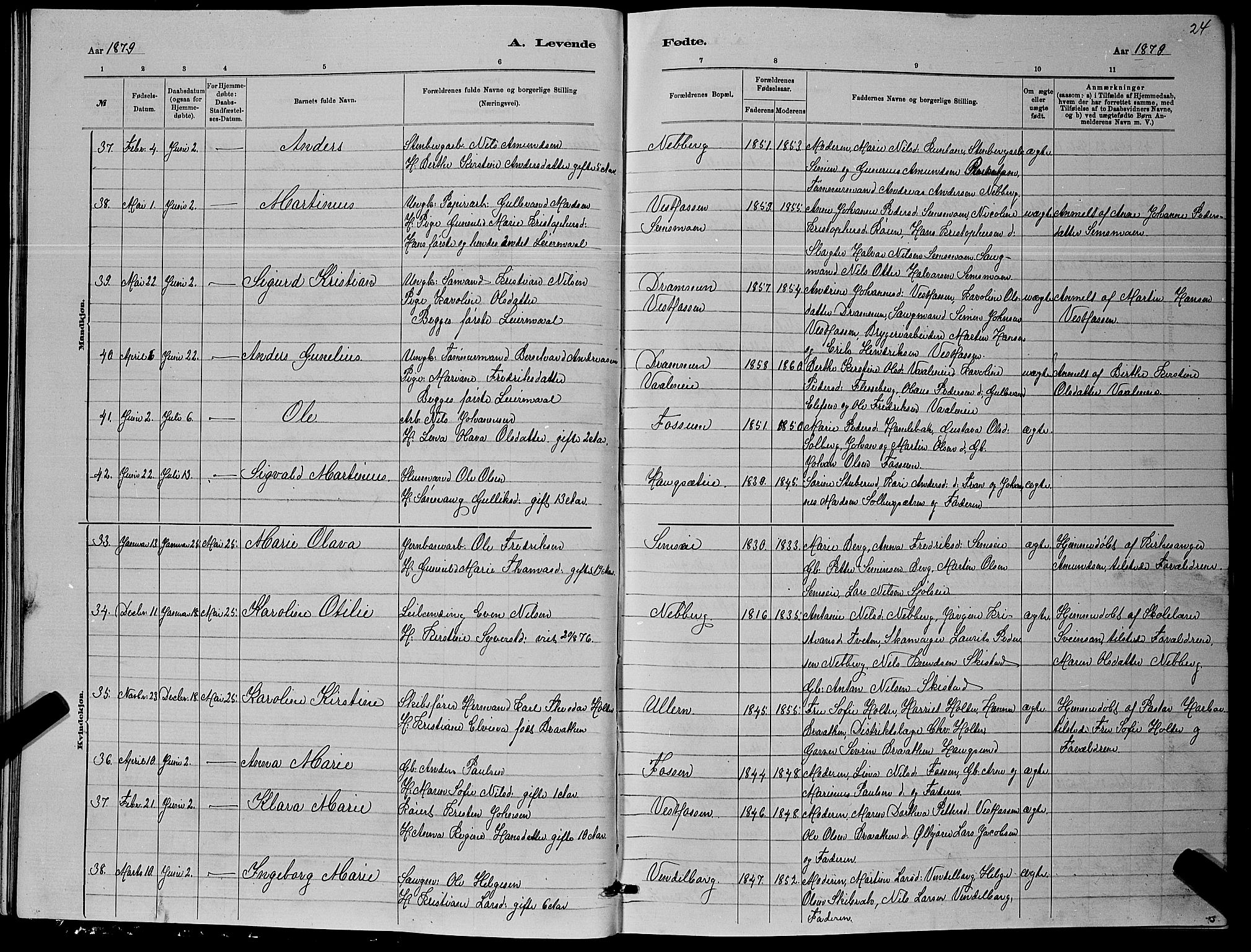 Eiker kirkebøker, AV/SAKO-A-4/G/Ga/L0005: Parish register (copy) no. I 5, 1878-1887, p. 24