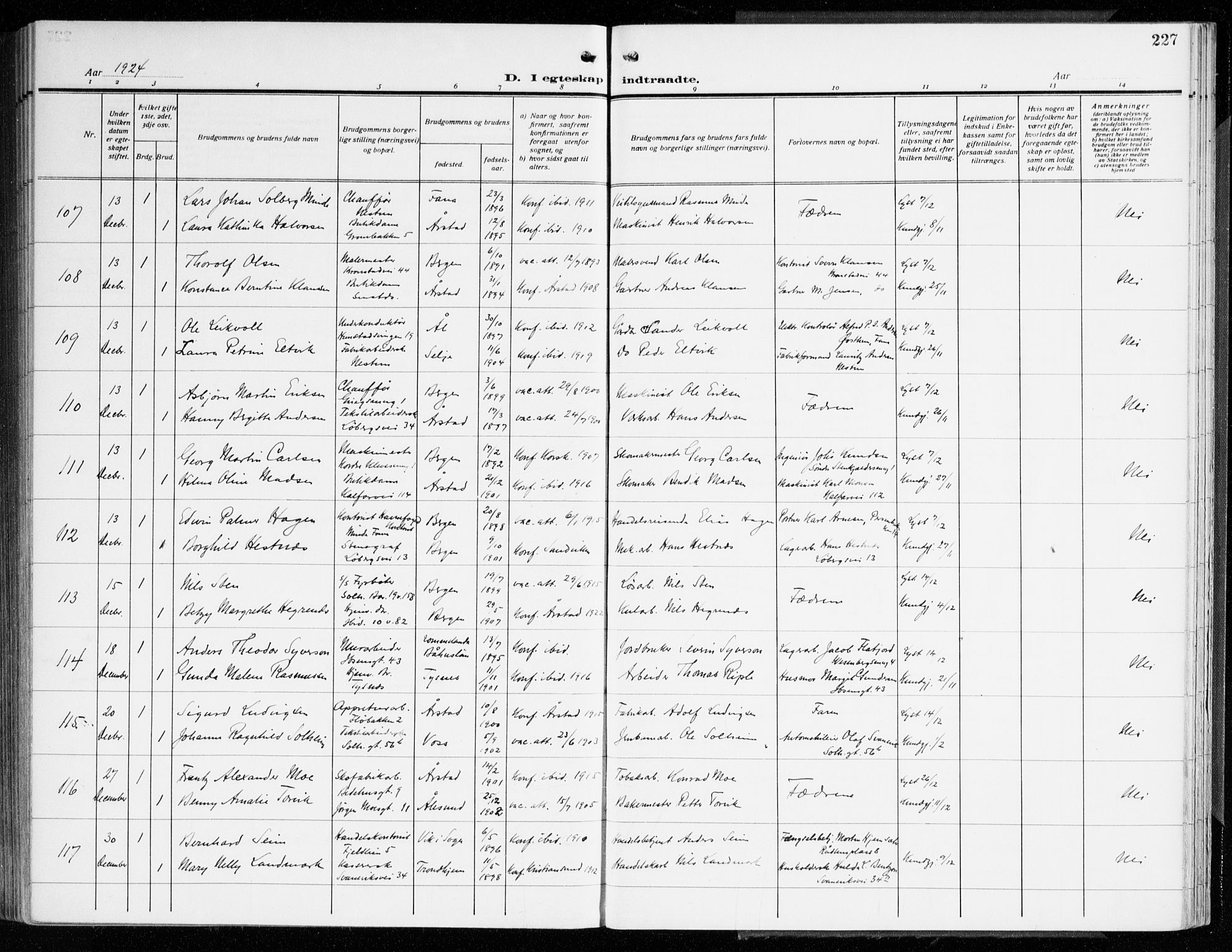 Årstad Sokneprestembete, AV/SAB-A-79301/H/Haa/L0004: Parish register (official) no. A 4, 1919-1928, p. 227