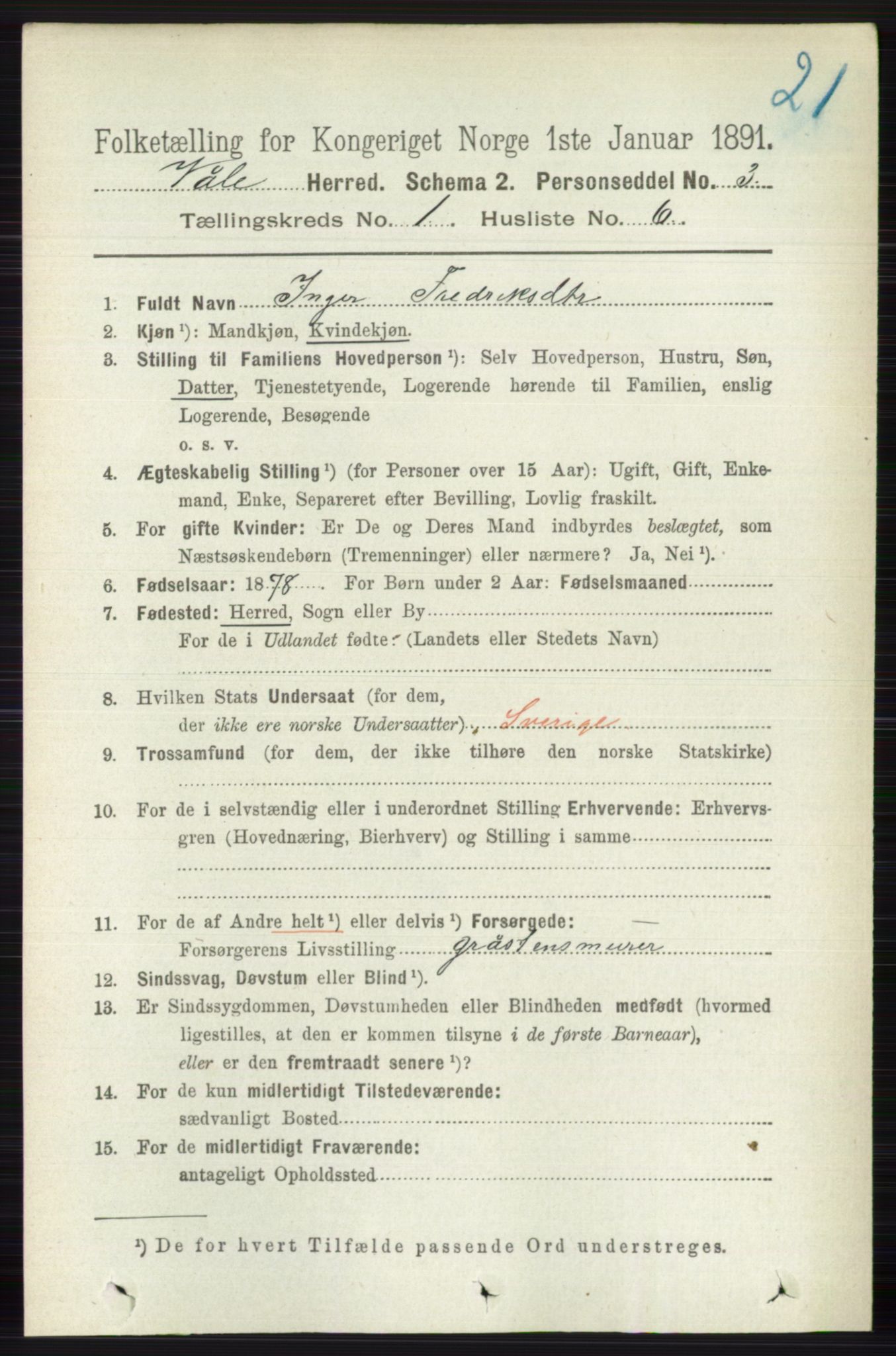 RA, 1891 census for 0716 Våle, 1891, p. 108