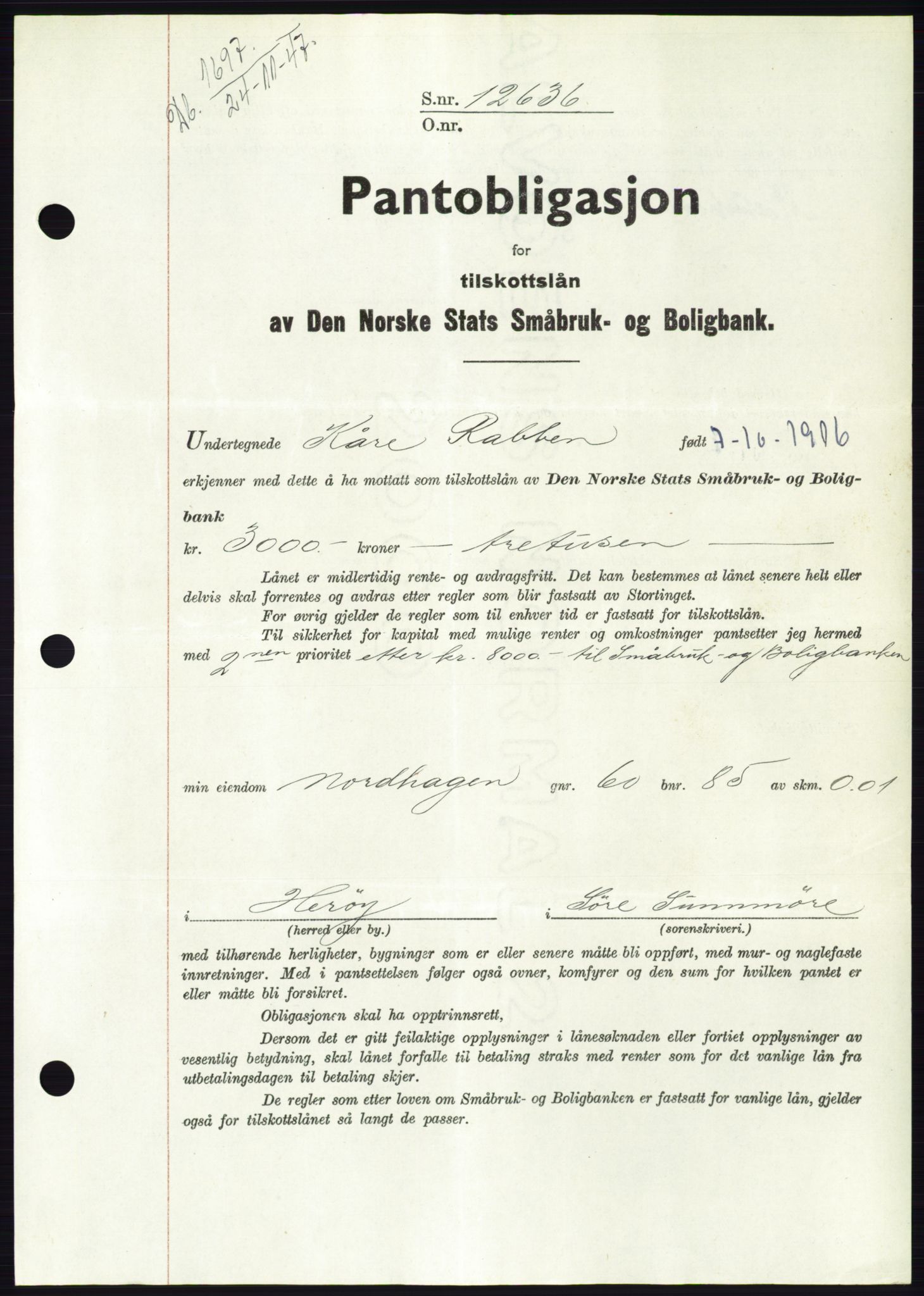 Søre Sunnmøre sorenskriveri, AV/SAT-A-4122/1/2/2C/L0115: Mortgage book no. 3B, 1947-1948, Diary no: : 1697/1947