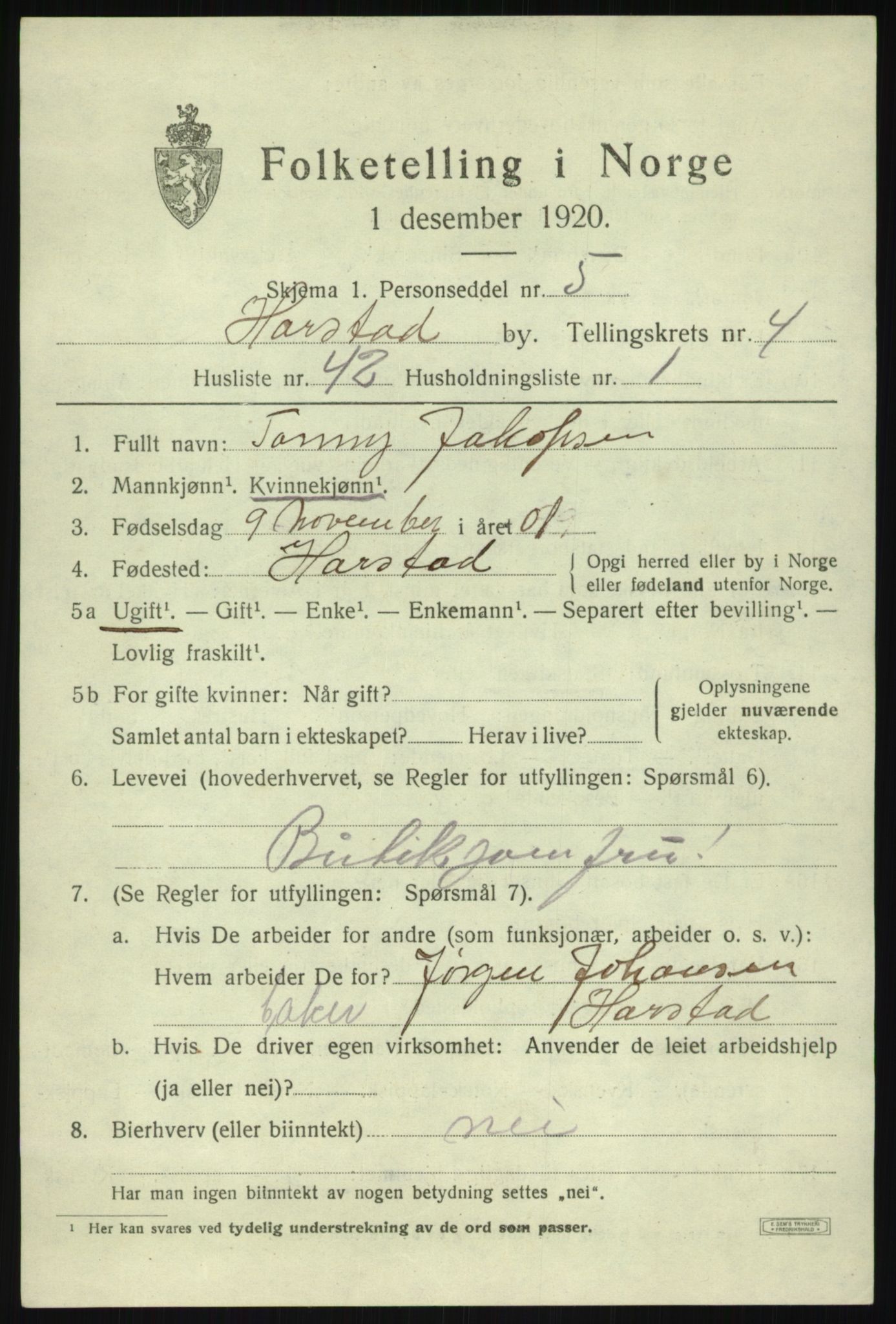 SATØ, 1920 census for Harstad, 1920, p. 6066