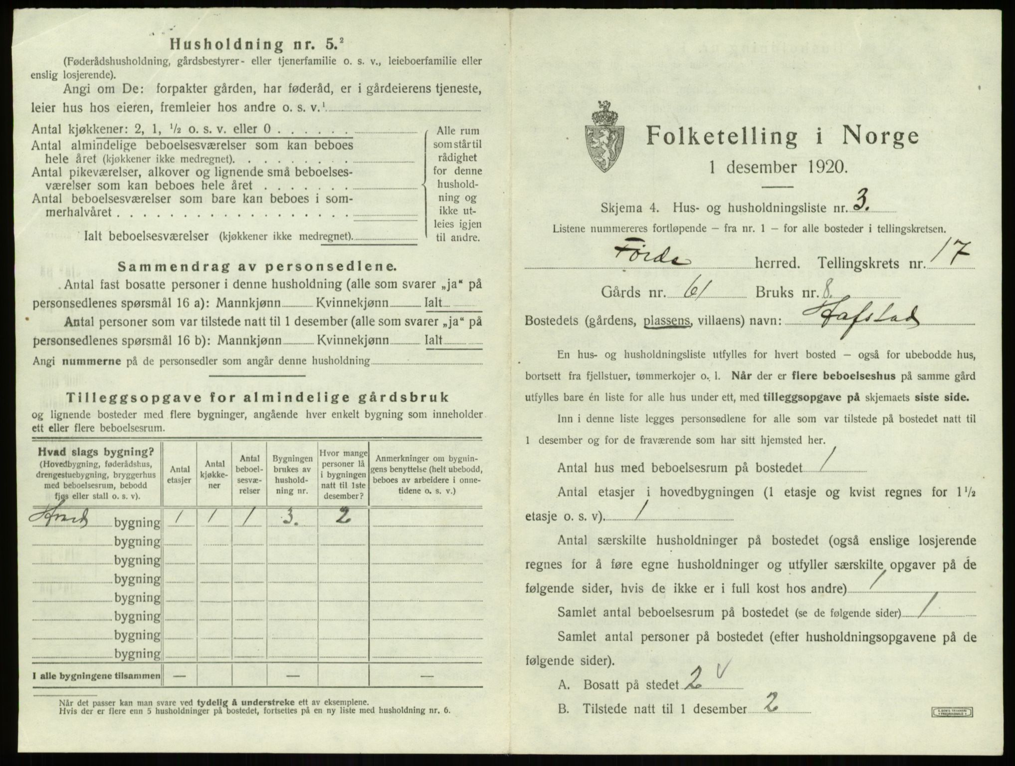 SAB, 1920 census for Førde, 1920, p. 899