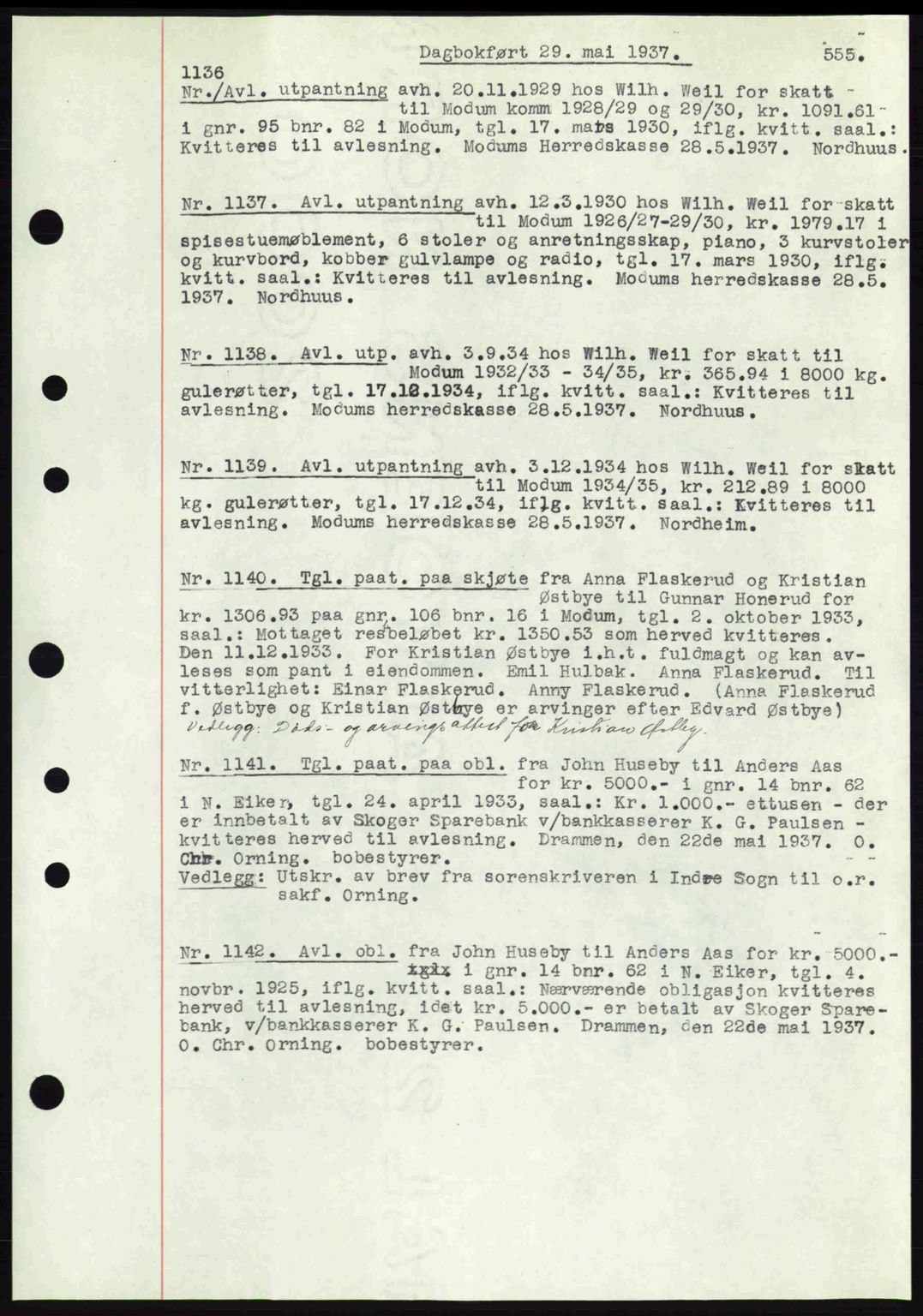 Eiker, Modum og Sigdal sorenskriveri, SAKO/A-123/G/Ga/Gab/L0035: Mortgage book no. A5, 1937-1937, Diary no: : 1136/1937
