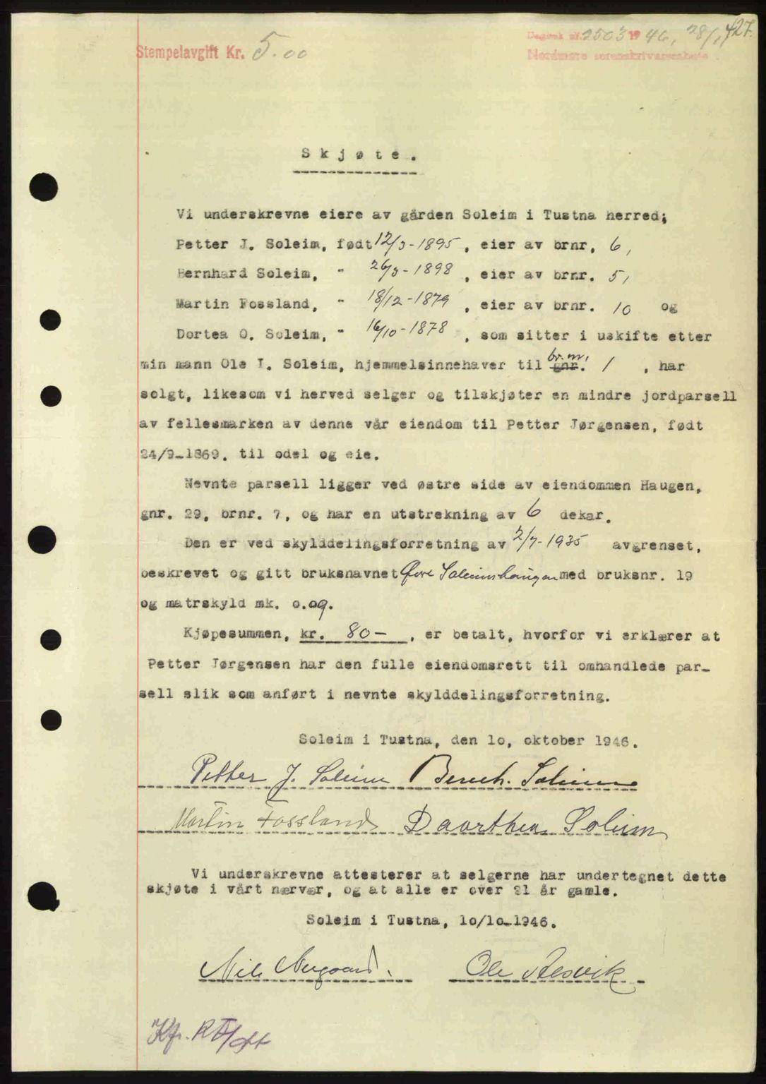 Nordmøre sorenskriveri, AV/SAT-A-4132/1/2/2Ca: Mortgage book no. A103, 1946-1947, Diary no: : 2503/1946