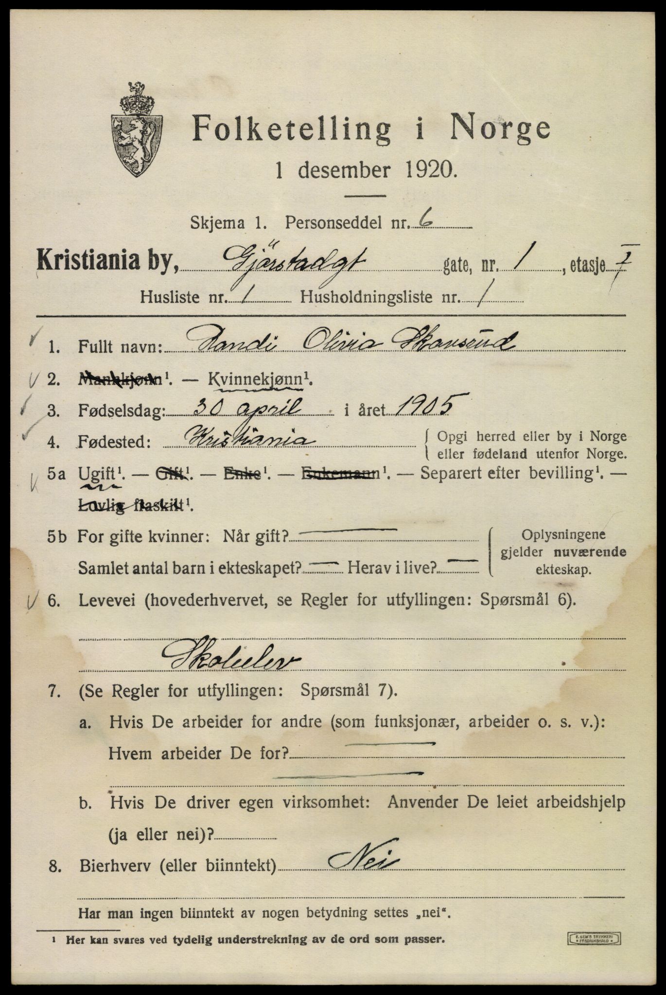 SAO, 1920 census for Kristiania, 1920, p. 250139