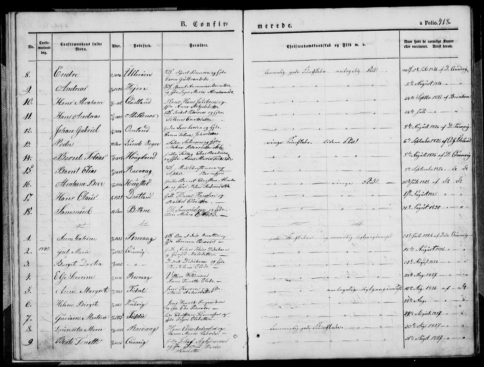 Flekkefjord sokneprestkontor, SAK/1111-0012/F/Fb/Fbb/L0002: Parish register (copy) no. B 2b, 1831-1866, p. 418