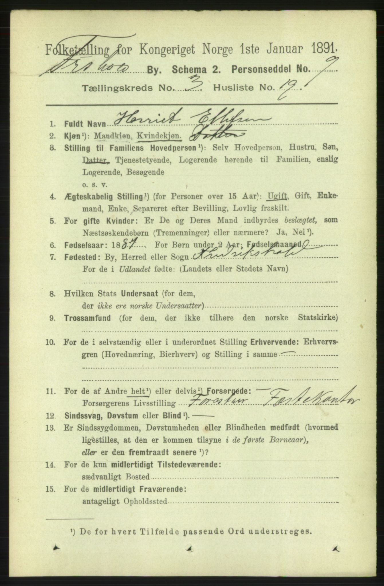RA, 1891 census for 0101 Fredrikshald, 1891, p. 3445