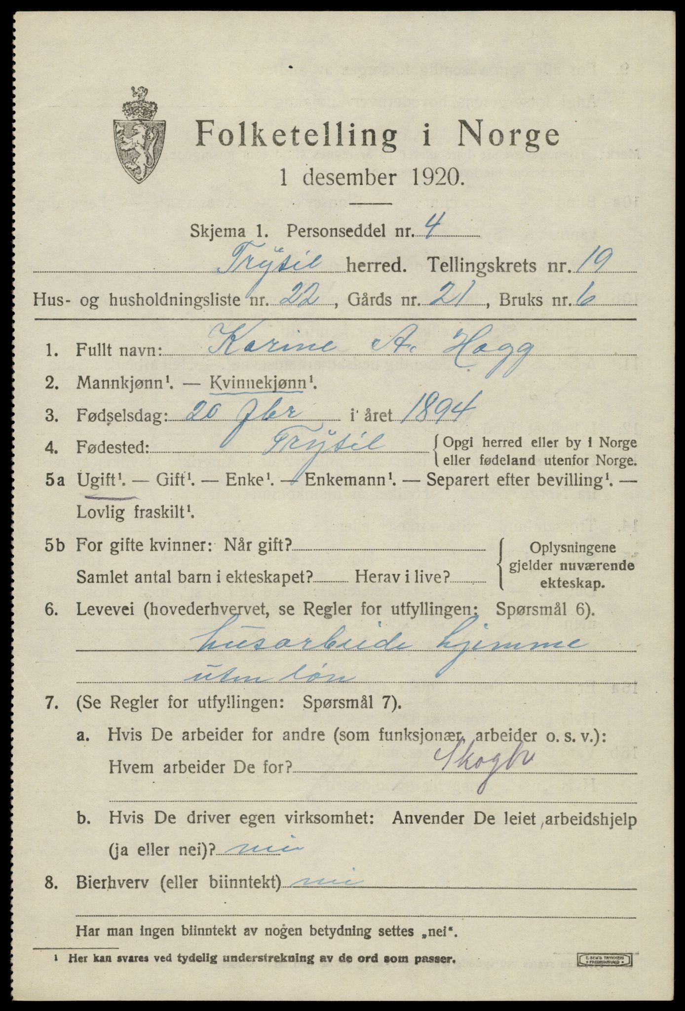 SAH, 1920 census for Trysil, 1920, p. 12991