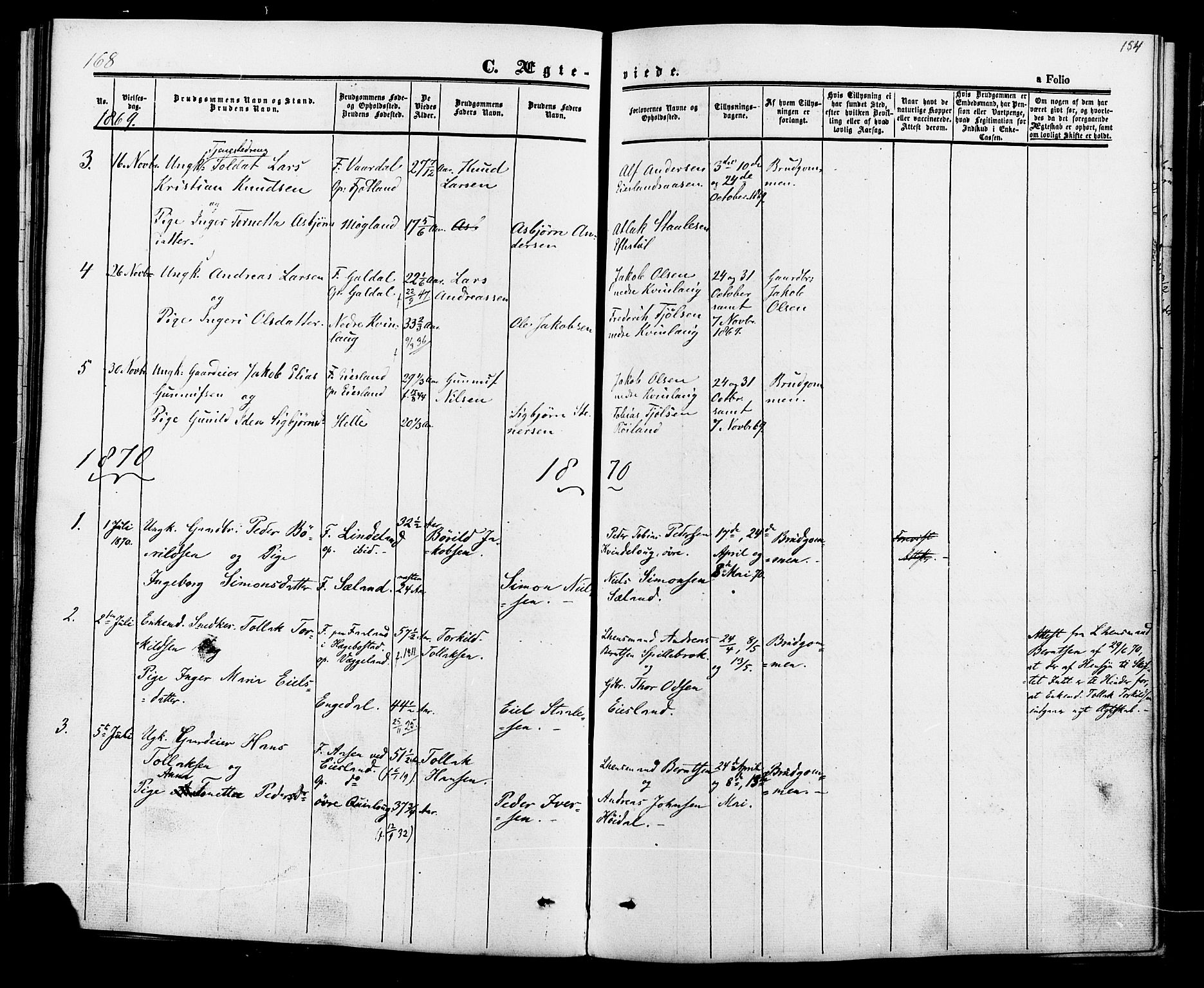 Fjotland sokneprestkontor, AV/SAK-1111-0010/F/Fa/L0001: Parish register (official) no. A 1, 1850-1879, p. 154