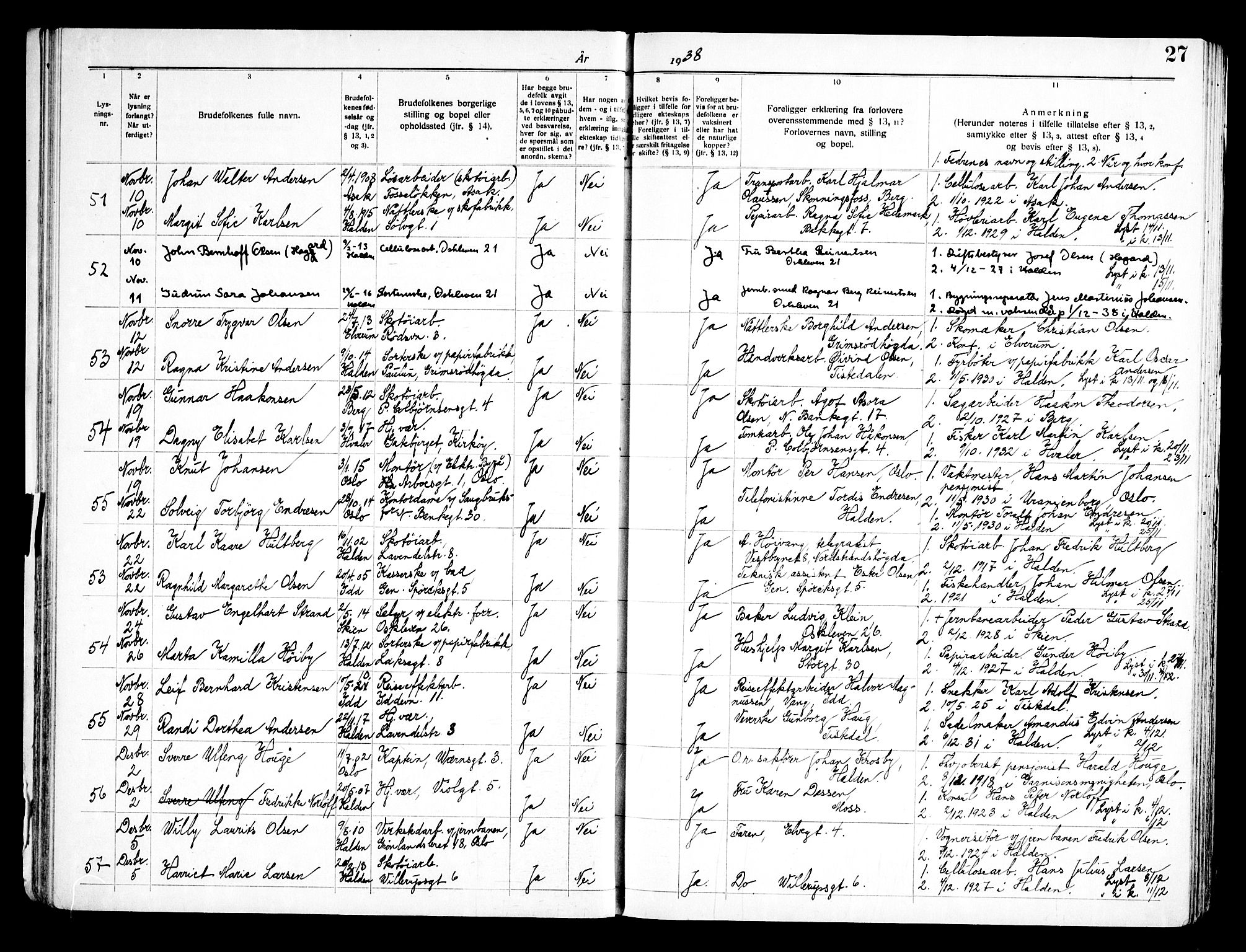 Halden prestekontor Kirkebøker, SAO/A-10909/H/Ha/L0002: Banns register no. I 2, 1935-1949, p. 27