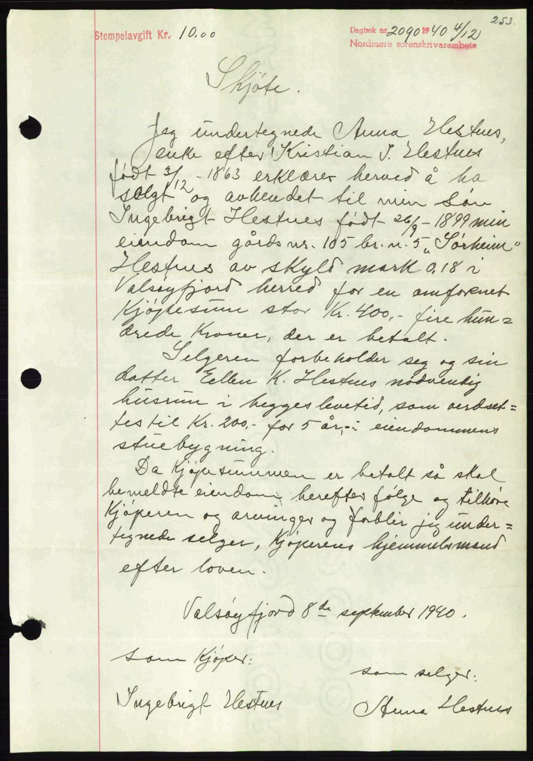 Nordmøre sorenskriveri, SAT/A-4132/1/2/2Ca: Mortgage book no. A89, 1940-1941, Diary no: : 2090/1940