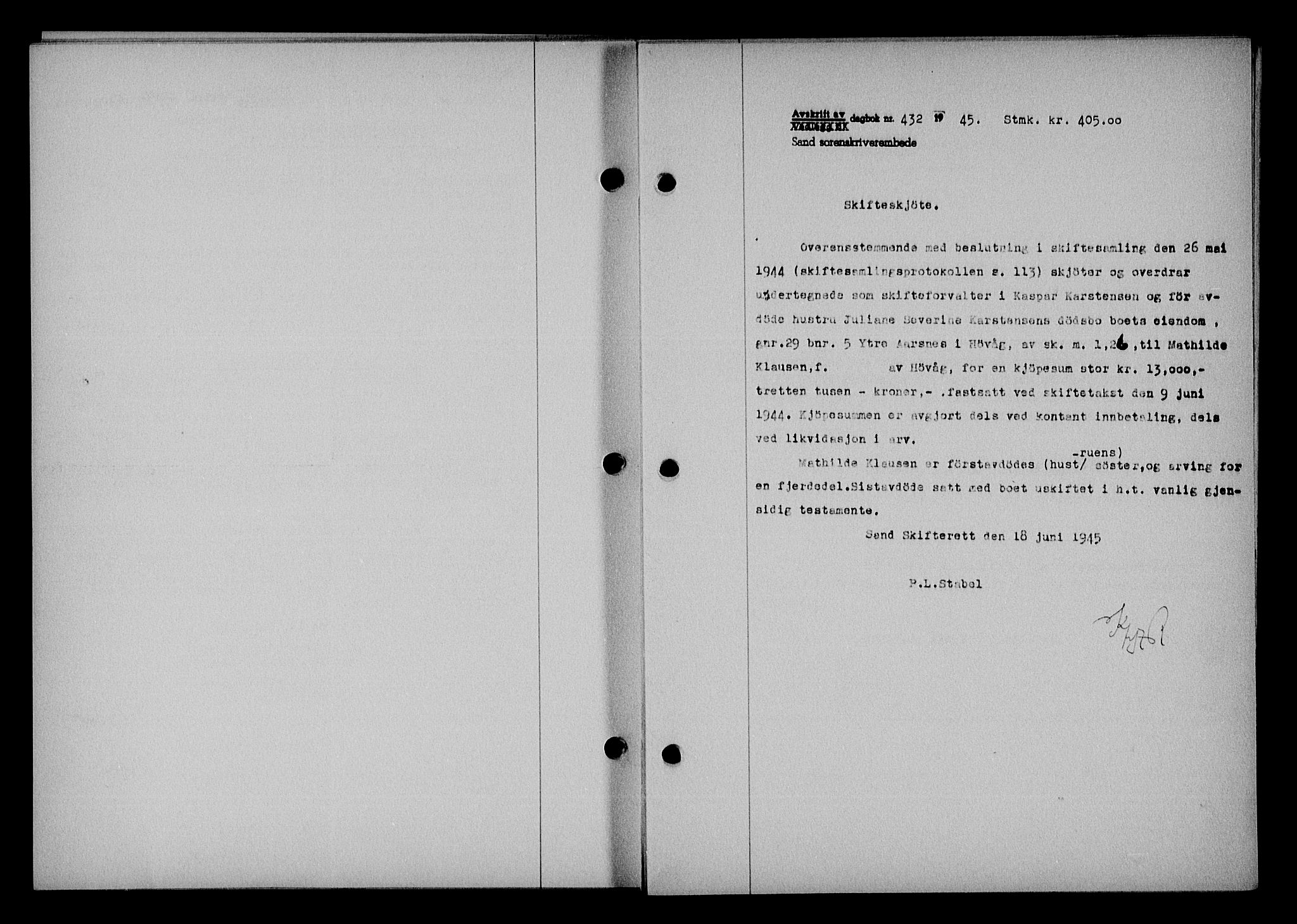 Vestre Nedenes/Sand sorenskriveri, SAK/1221-0010/G/Gb/Gba/L0053: Mortgage book no. A 6, 1944-1945, Diary no: : 432/1945