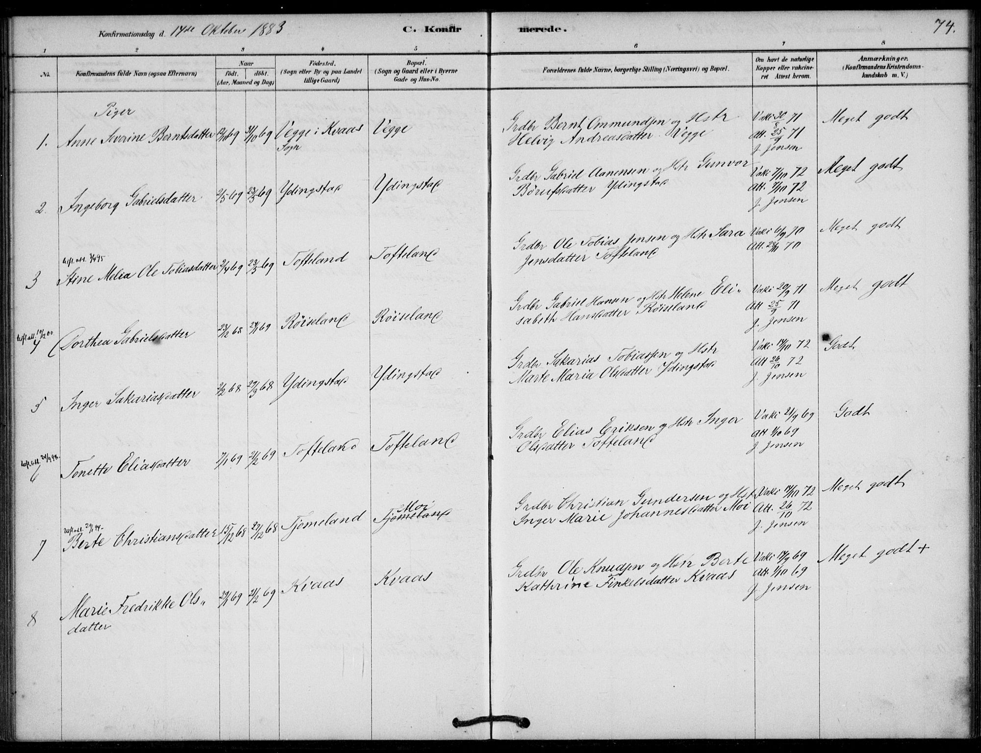 Lyngdal sokneprestkontor, AV/SAK-1111-0029/F/Fa/Fab/L0003: Parish register (official) no. A 3, 1878-1903, p. 74