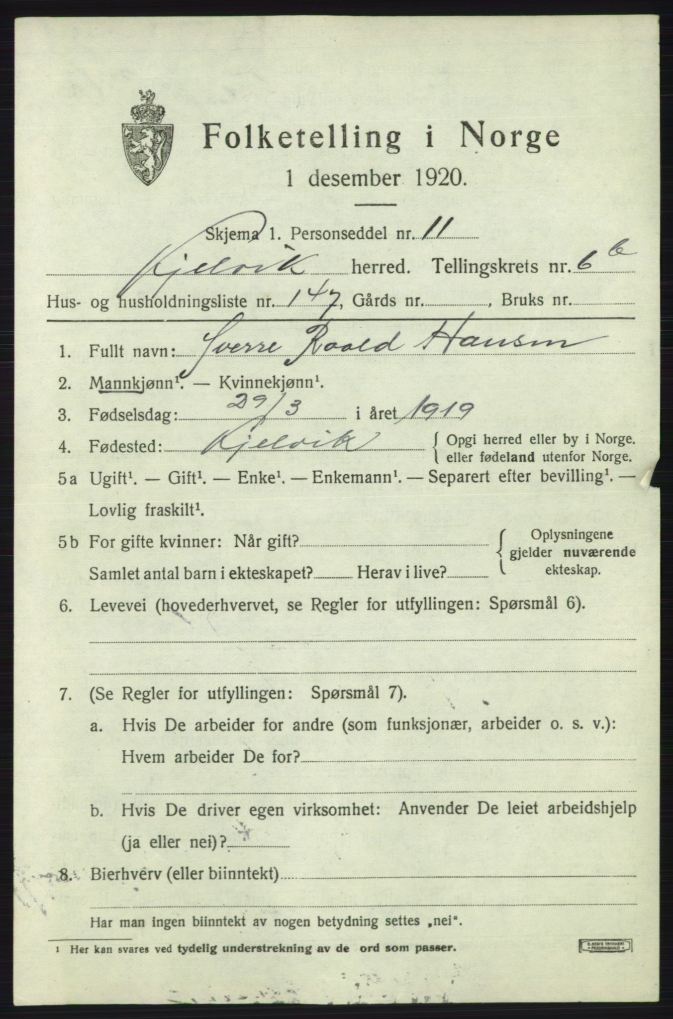 SATØ, 1920 census for Kjelvik, 1920, p. 5411