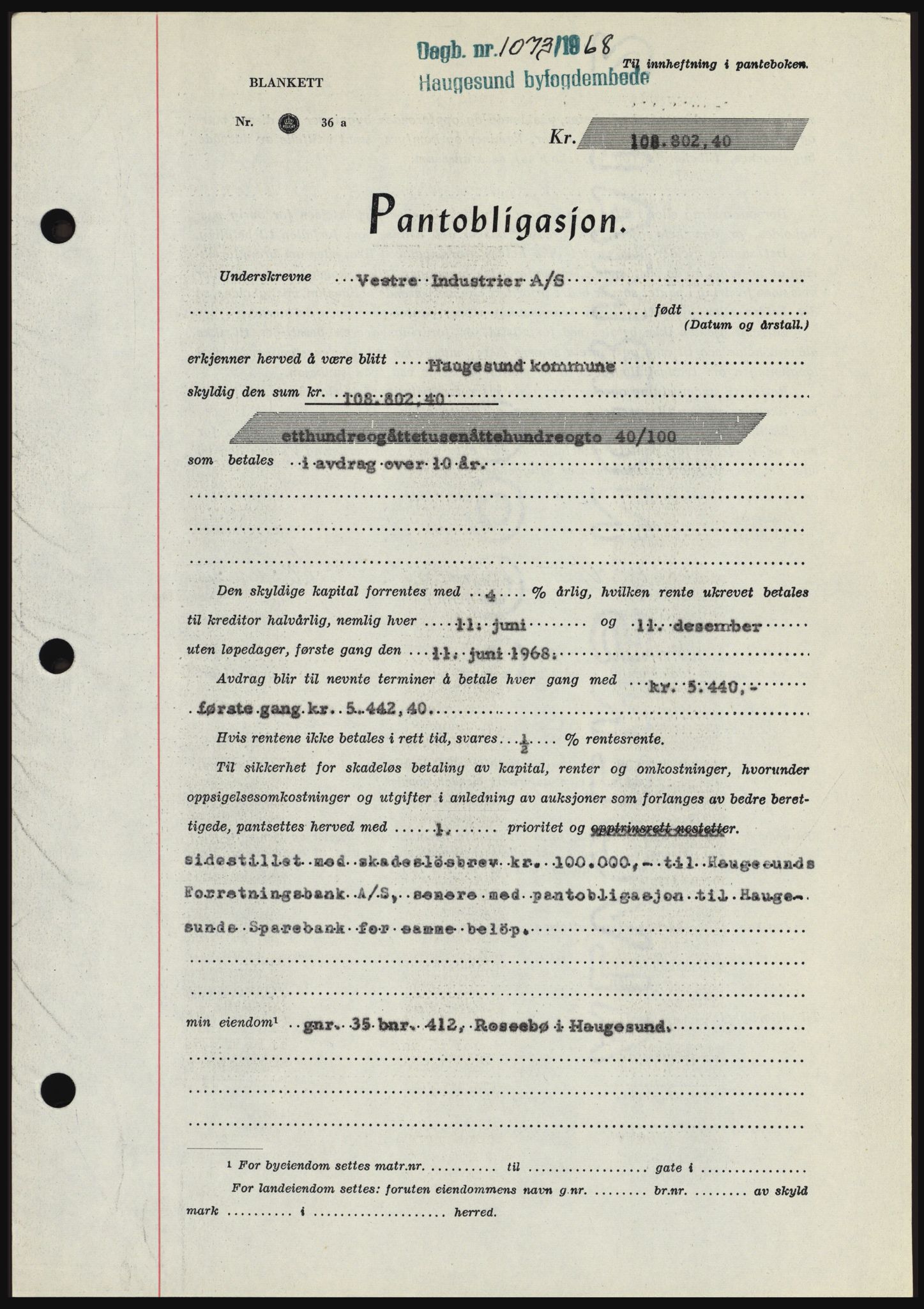 Haugesund tingrett, SAST/A-101415/01/II/IIC/L0058: Mortgage book no. B 58, 1967-1968, Diary no: : 1073/1968