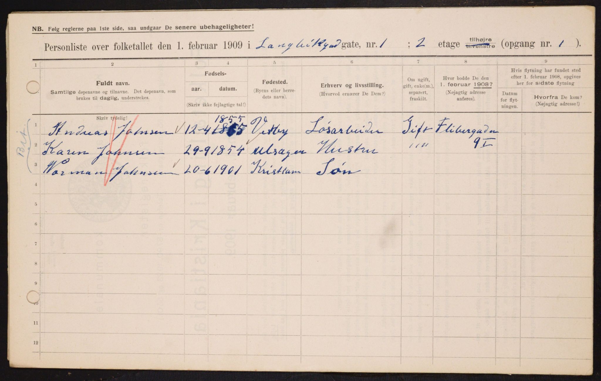 OBA, Municipal Census 1909 for Kristiania, 1909, p. 51961