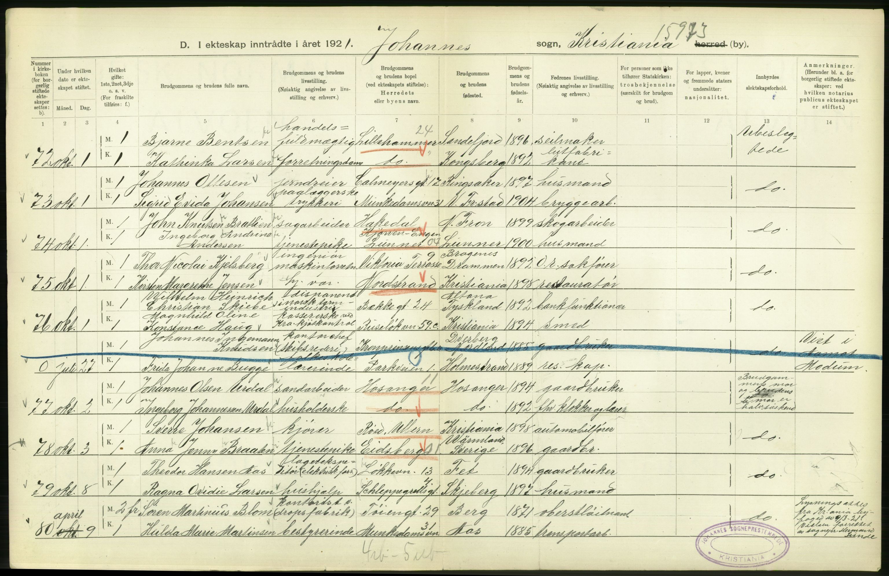 Statistisk sentralbyrå, Sosiodemografiske emner, Befolkning, RA/S-2228/D/Df/Dfc/Dfca/L0011: Kristiania: Gifte, 1921, p. 96