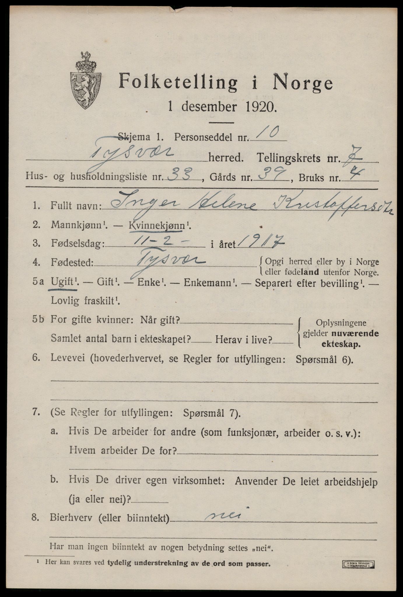 SAST, 1920 census for Tysvær, 1920, p. 2758