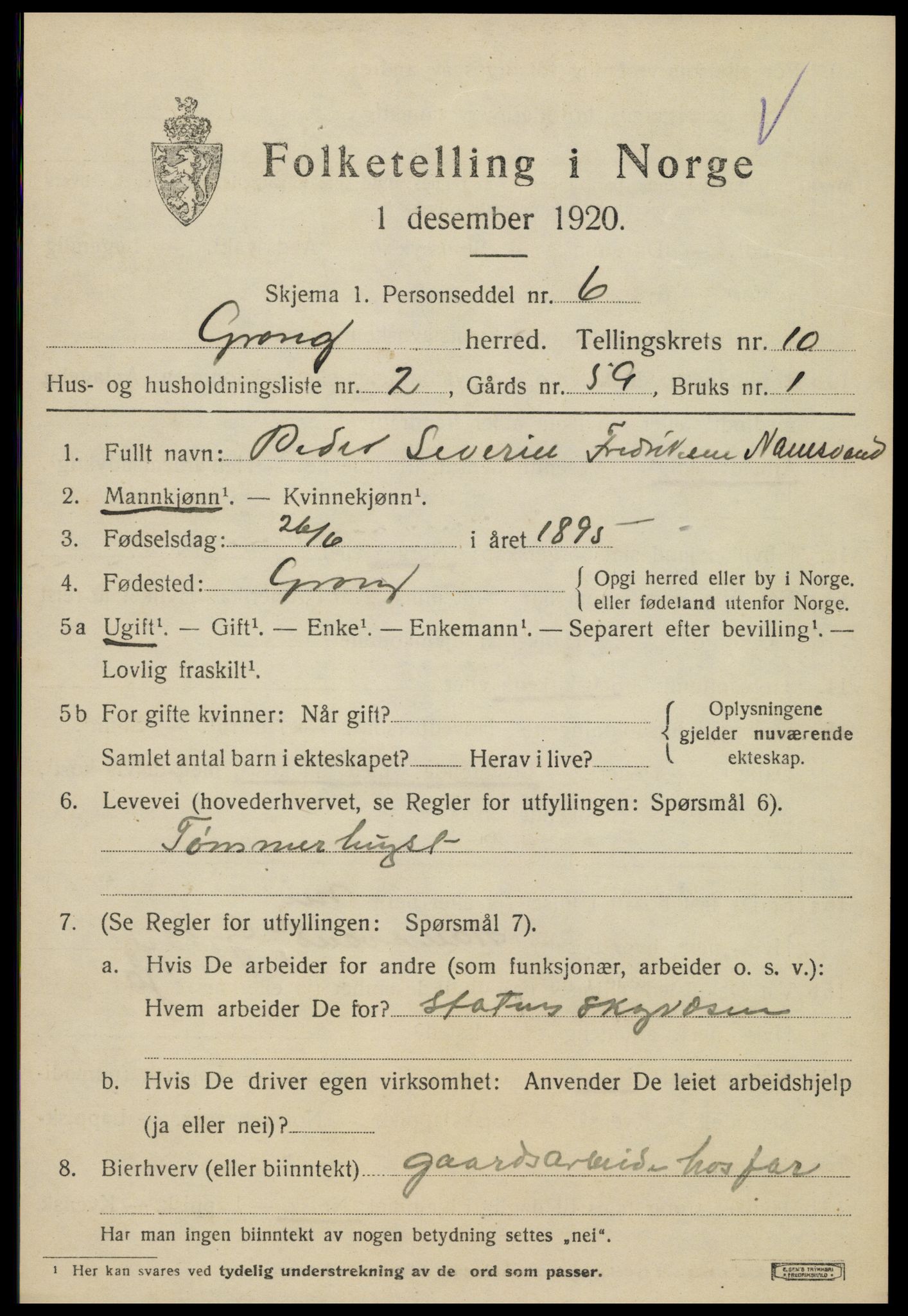 SAT, 1920 census for Grong, 1920, p. 5607